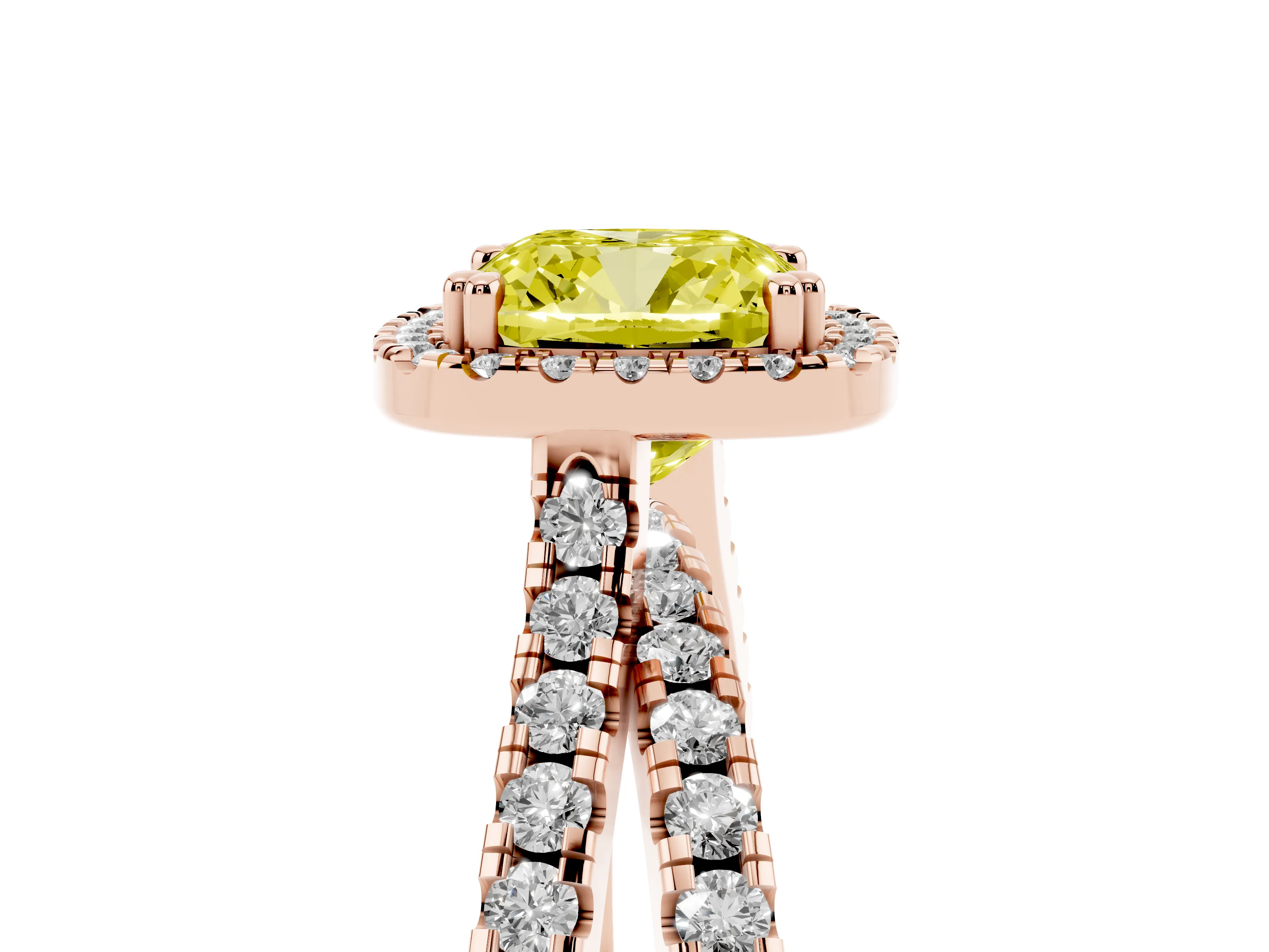 Fancy Yellow Cushion Cut Diamond Halo Split Shank Ring Set in Rose gold with Pavé Setting