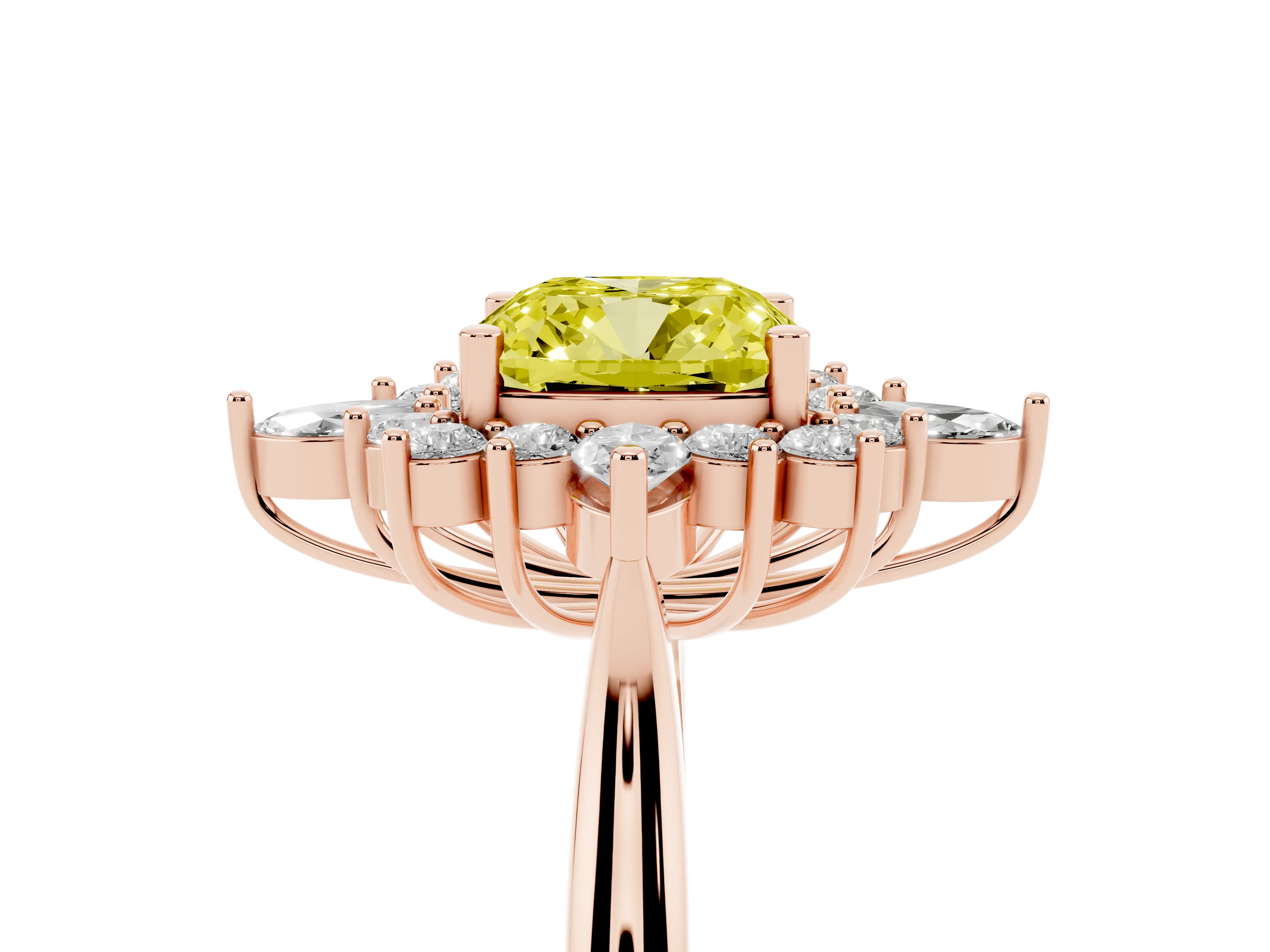 Fancy Yellow Cushion Cut Diamond Cluster Halo Ring Set in Rose gold with Marquise and Round Accents