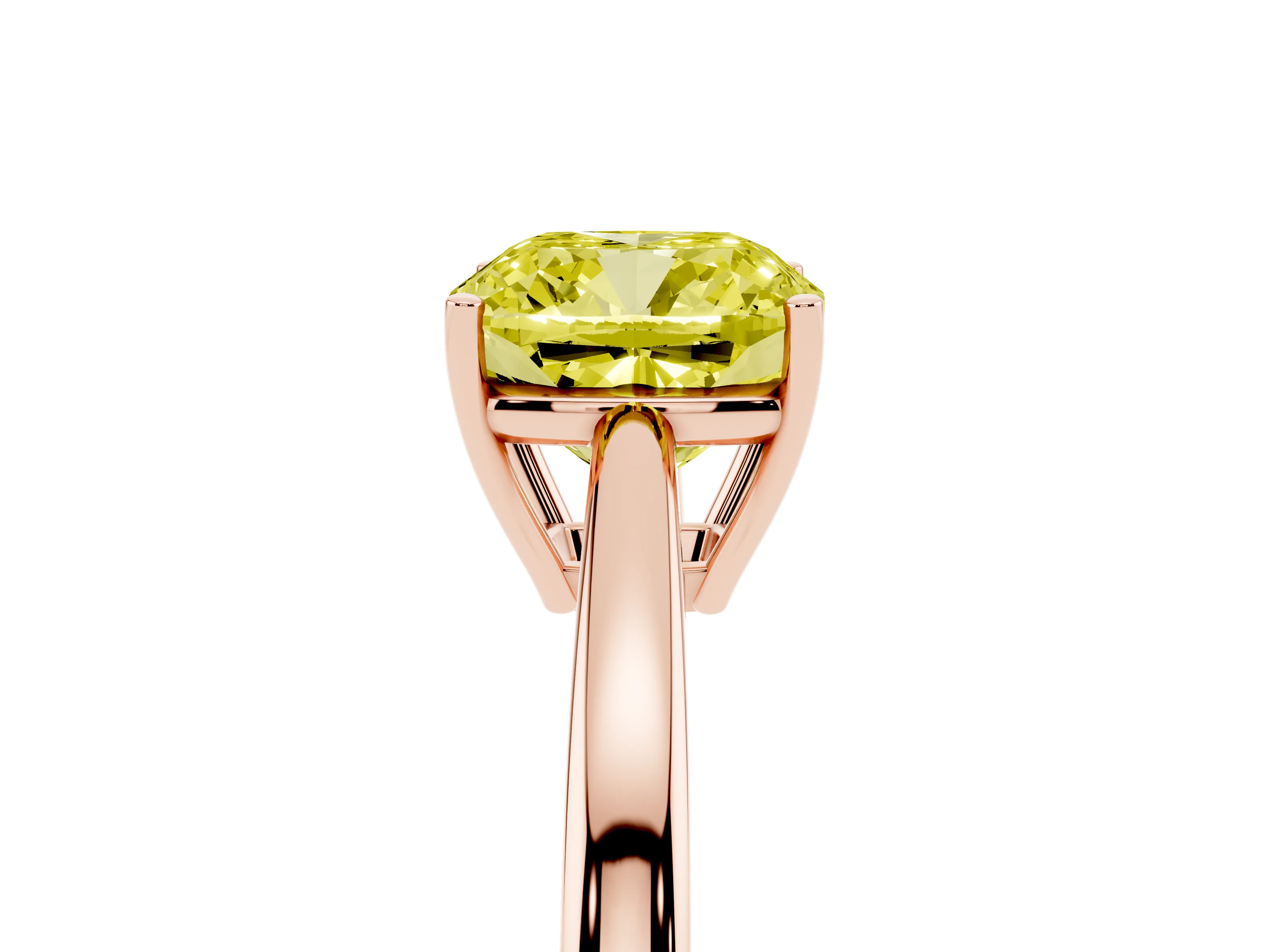 Fancy Yellow Cushion Cut Diamond Solitaire Ring Set in Rose gold with Split Shank and Prong Setting