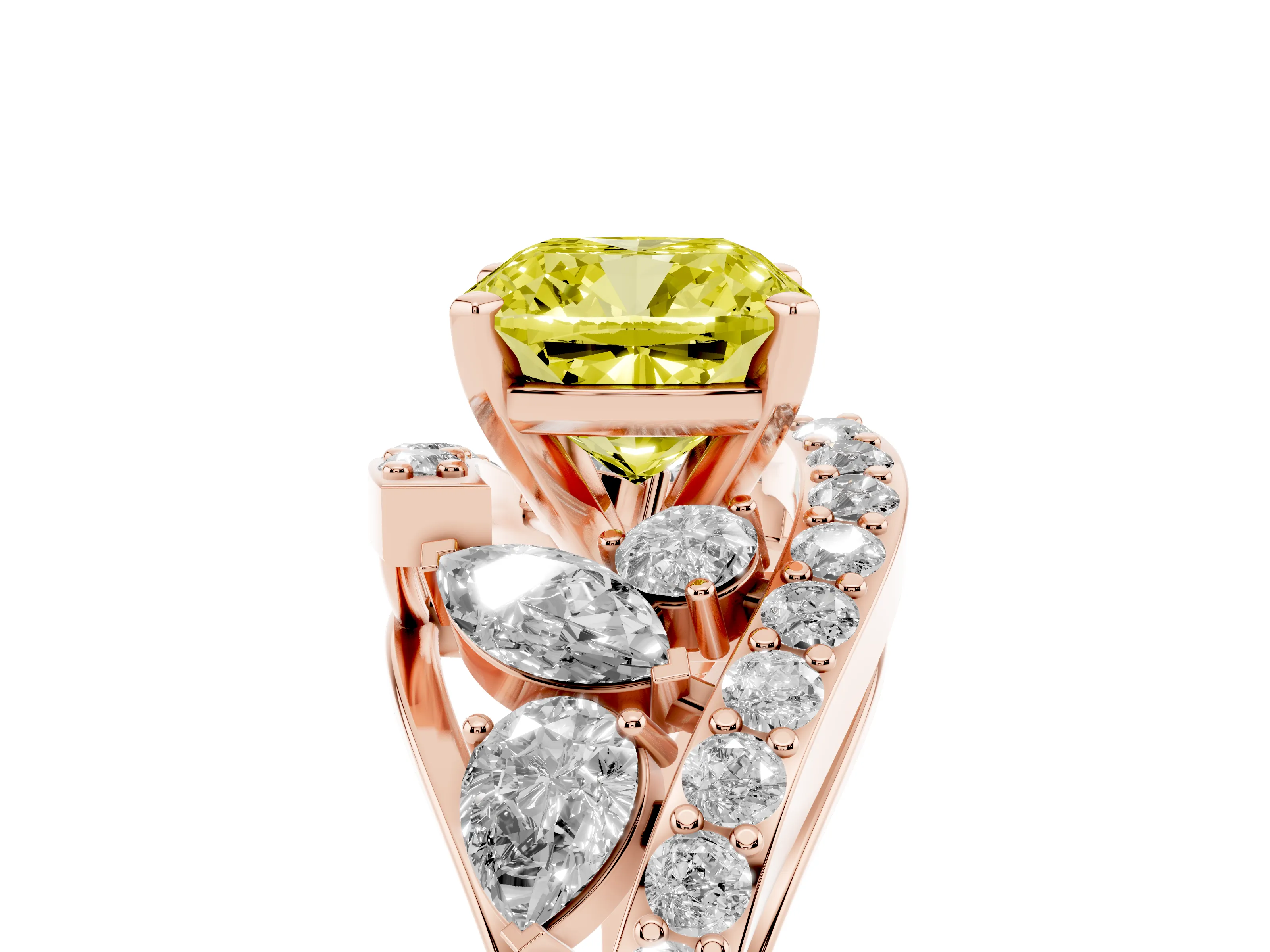 Fancy Yellow Cushion Cut Diamond Halo Ring Set in Rose gold with Marquise and Pavé Band in Prong Setting