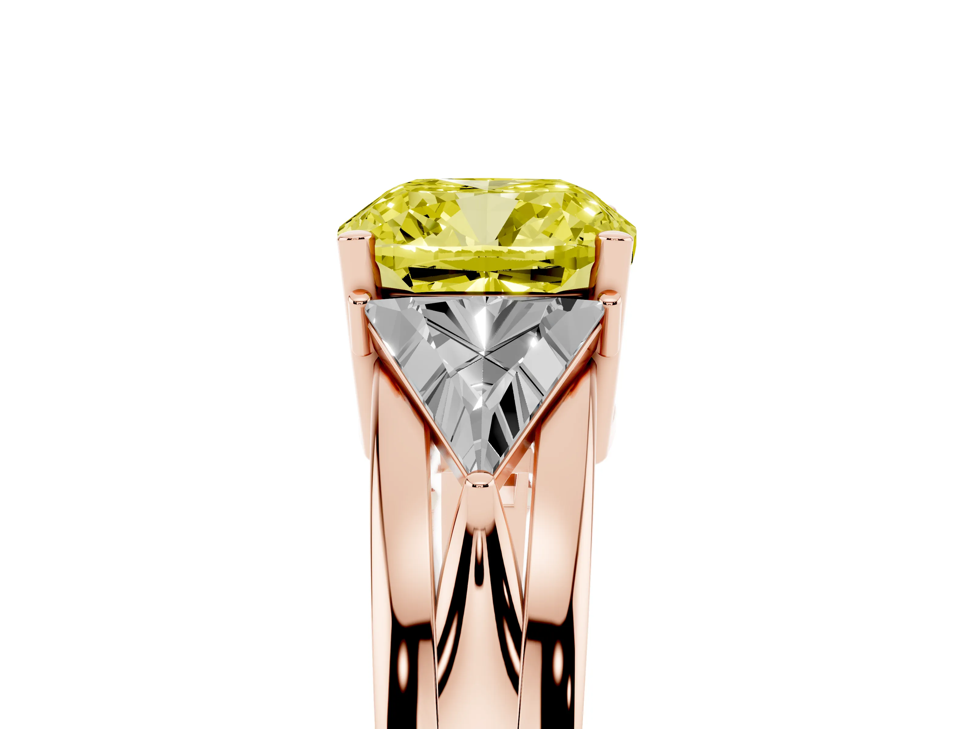 Fancy Yellow Cushion Cut Diamond Three-Stone Ring Set in Rose gold with Trillion Side Stones and Split Shank