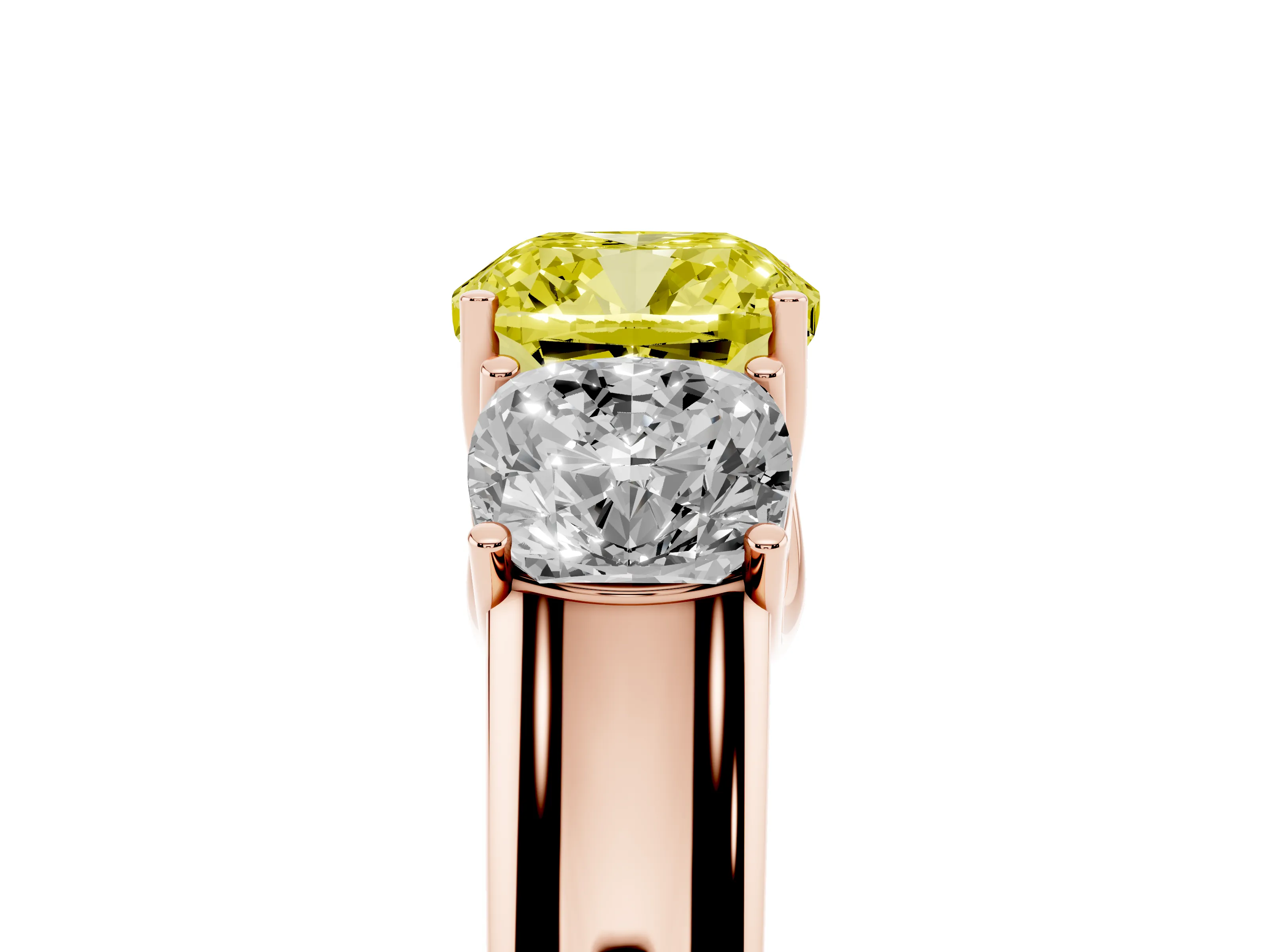 Fancy Yellow Three-Stone Cushion Cut Diamond Ring Set in Rose gold with Matching Prong Settings and Plain Band