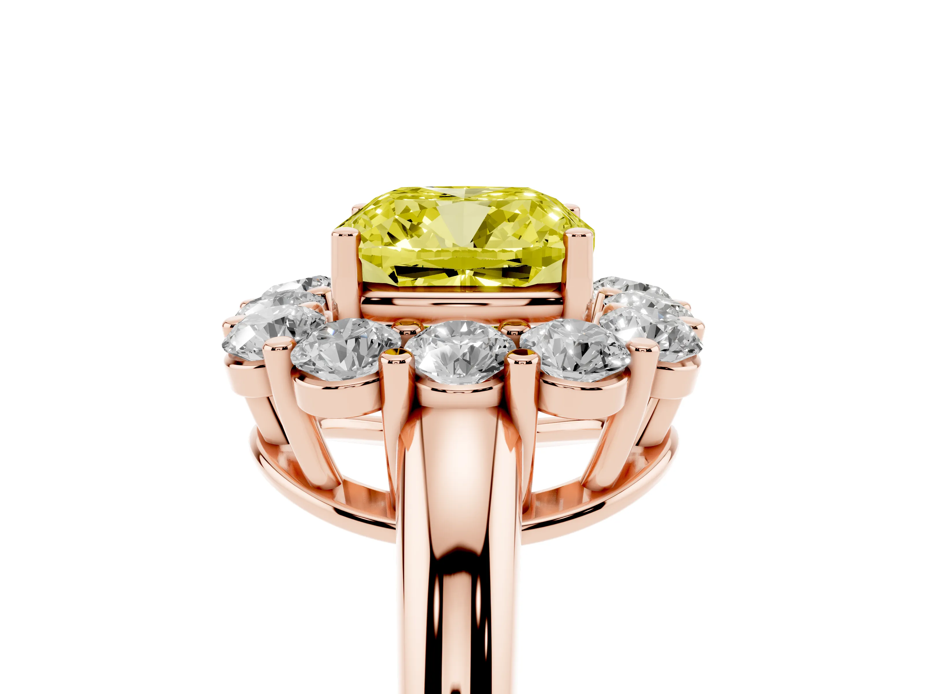 Fancy Yellow Cushion Cut Diamond Halo Cluster Engagement Ring Set in Rose gold with Polished Band and Prong Setting