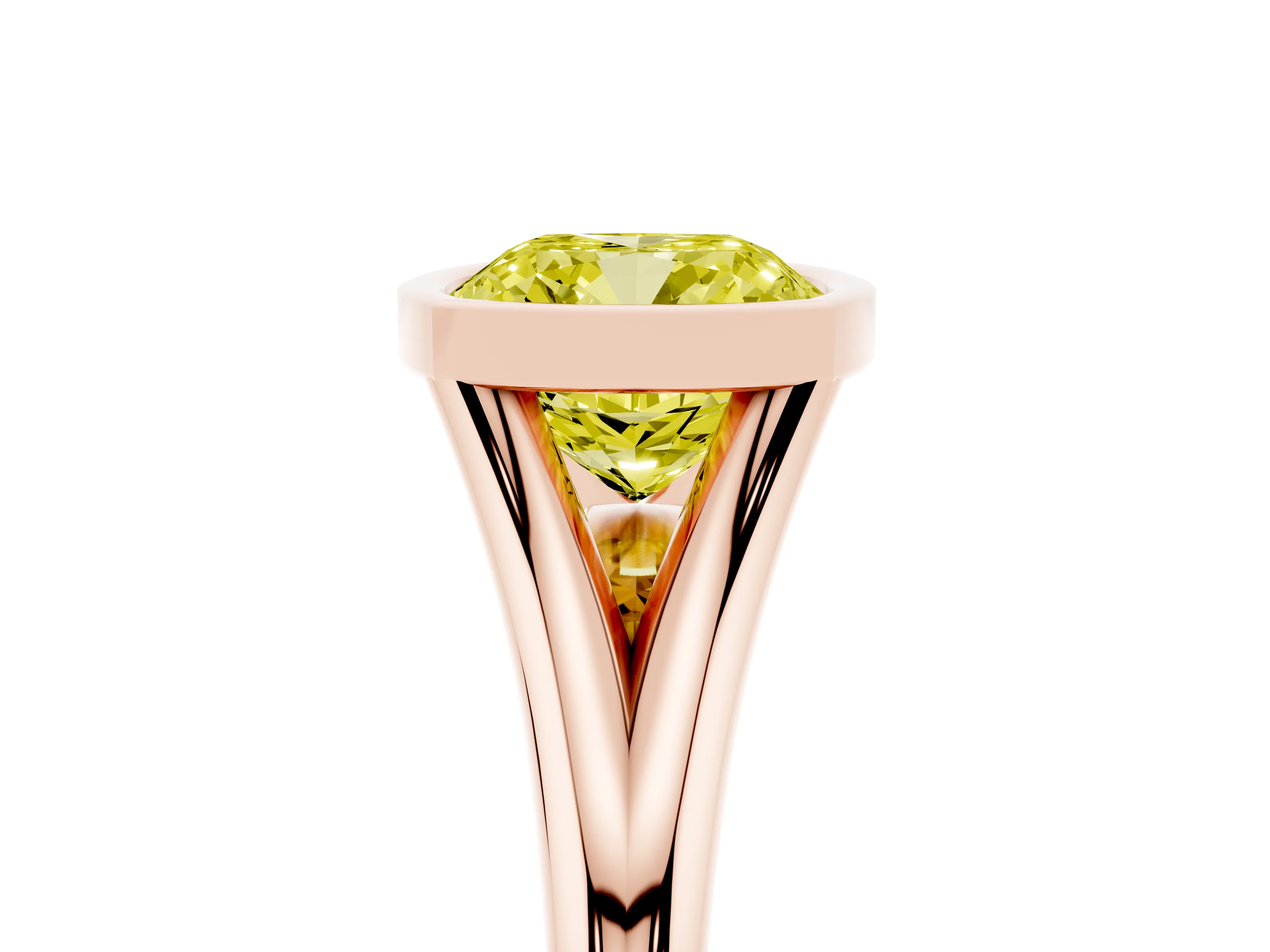 Fancy Yellow Bezel Set Cushion Cut Diamond Solitaire Ring Set in Rose gold with Tapered Band