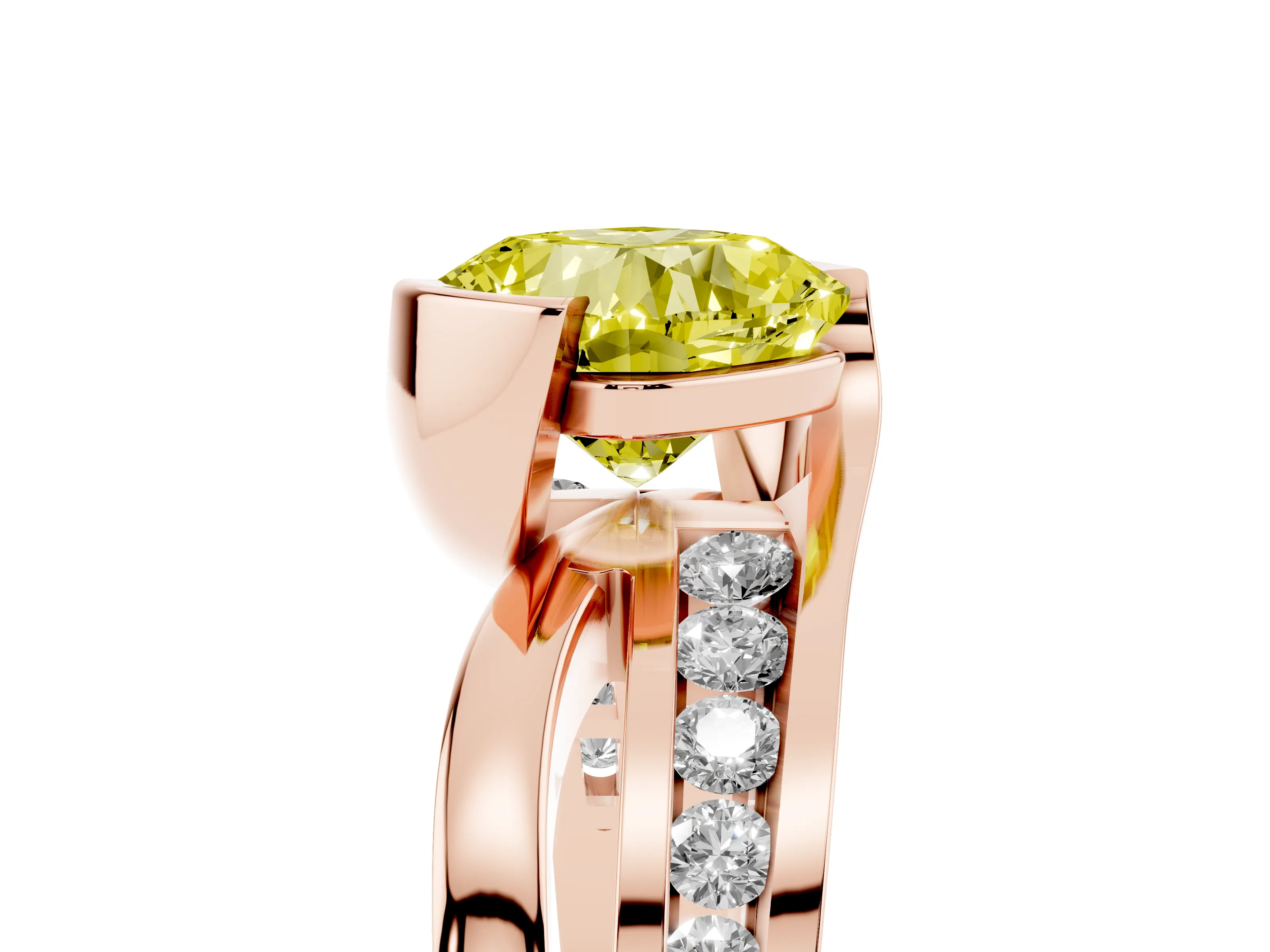 Fancy Yellow Cushion Cut Diamond Solitaire Ring Set in Rose gold with Channel Set Split Shank and Tension Prongs
