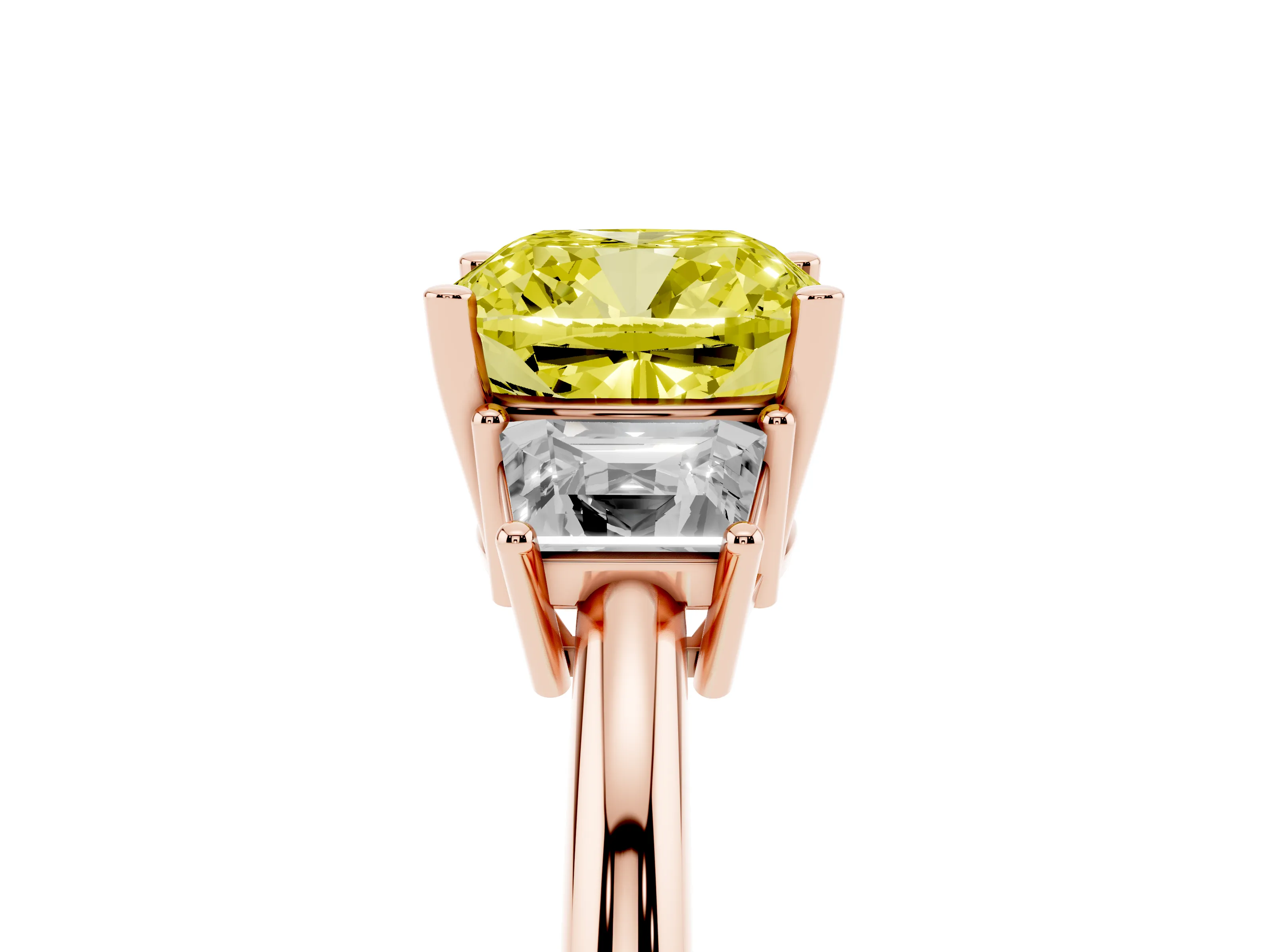 Fancy Yellow Cushion Cut Diamond Three-Stone Ring Set in Rose gold with Trapezoid Side Stones and Prong Setting