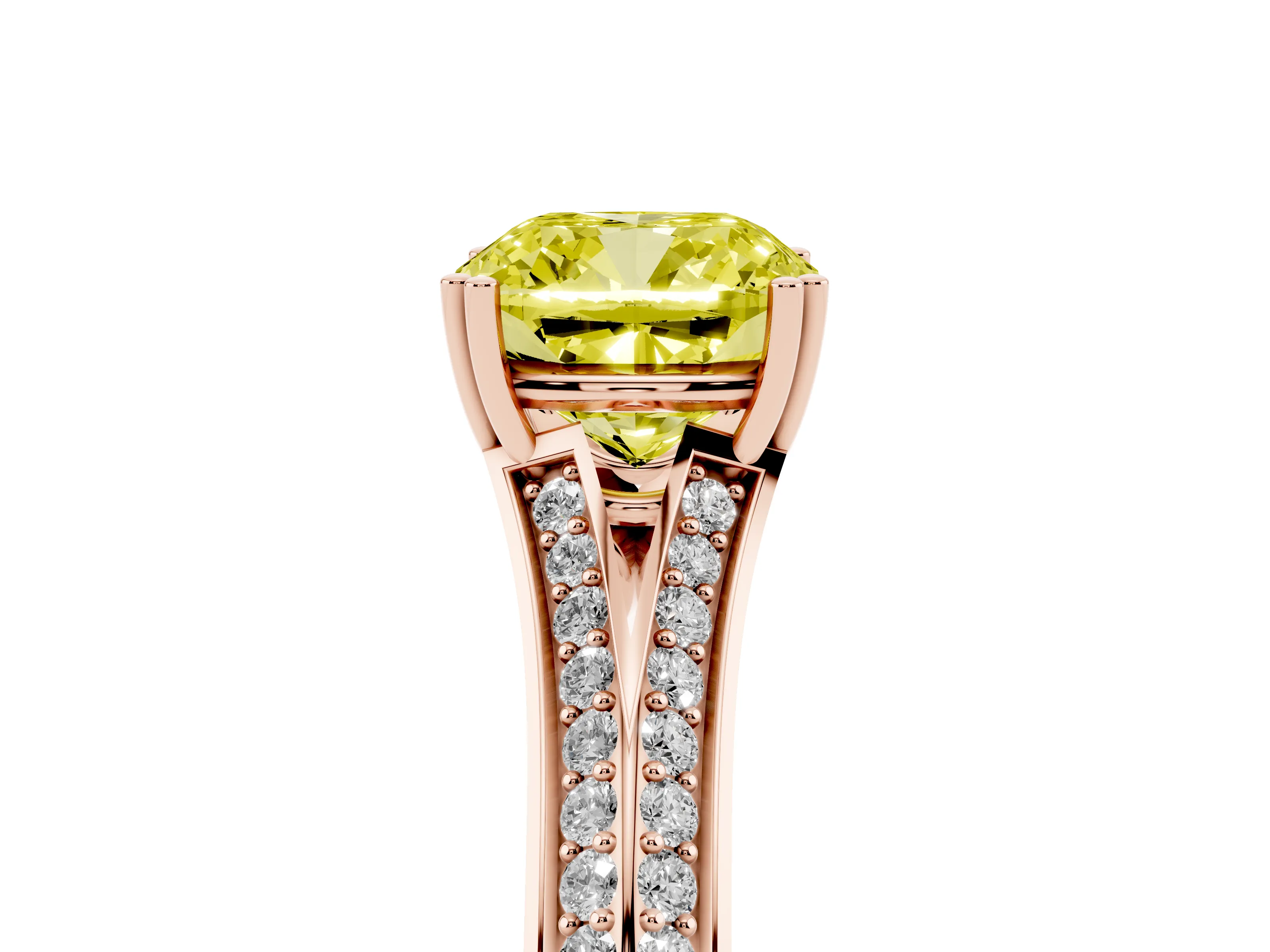 Fancy Yellow Cushion Cut Diamond Split Shank Pavé Engagement Ring Set in Rose gold with Prong-Set Center Stone