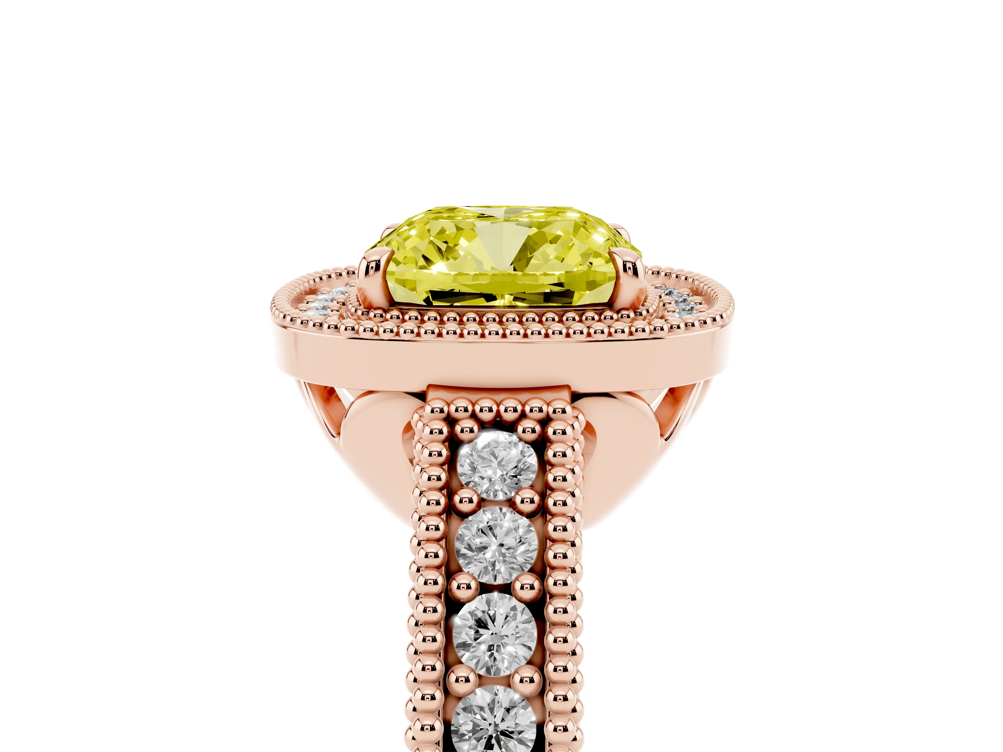 Fancy Yellow Cushion Cut Diamond Halo Ring Set in Rose gold with Round Accent Halo, Pavé Band and Prong Setting