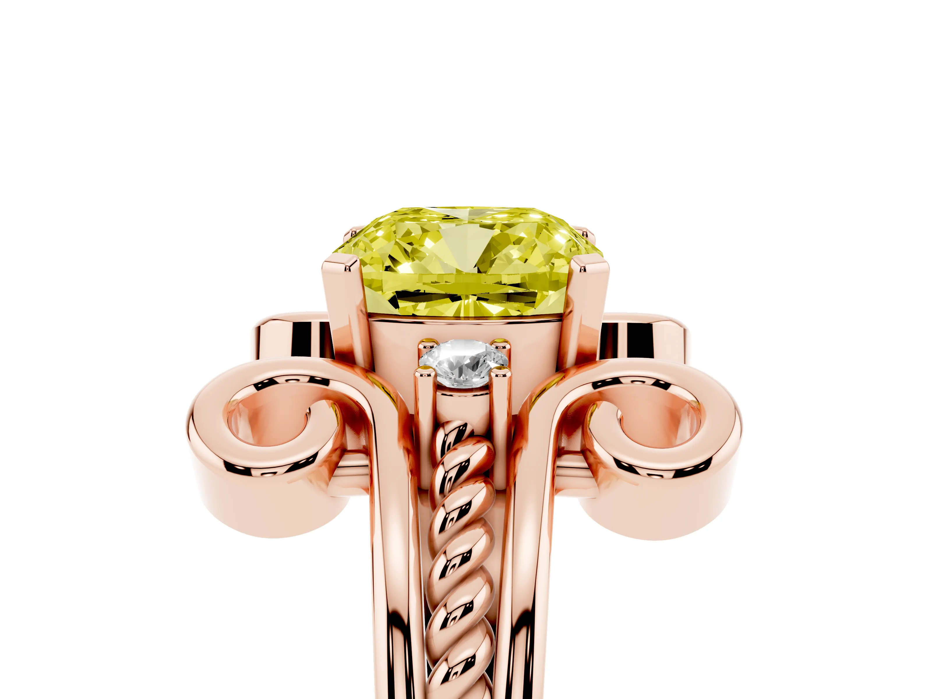 Fancy Yellow Cushion Cut Diamond Twisted Band Solitaire Ring Set in Rose gold with Scroll Prongs