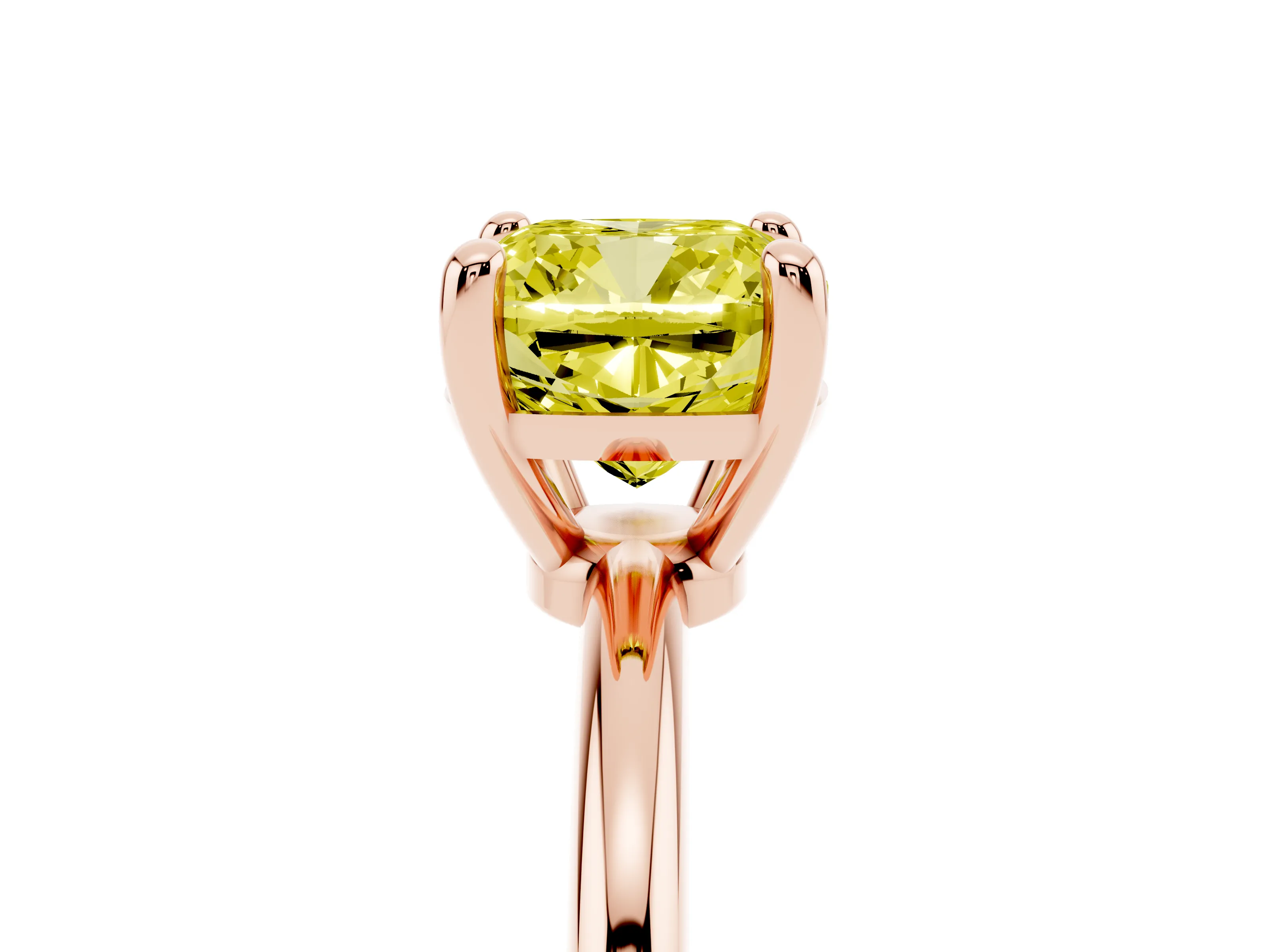 Fancy Yellow Cushion Cut Diamond Solitaire Ring Set in Rose gold with Secure Prong Setting on a Classic Band