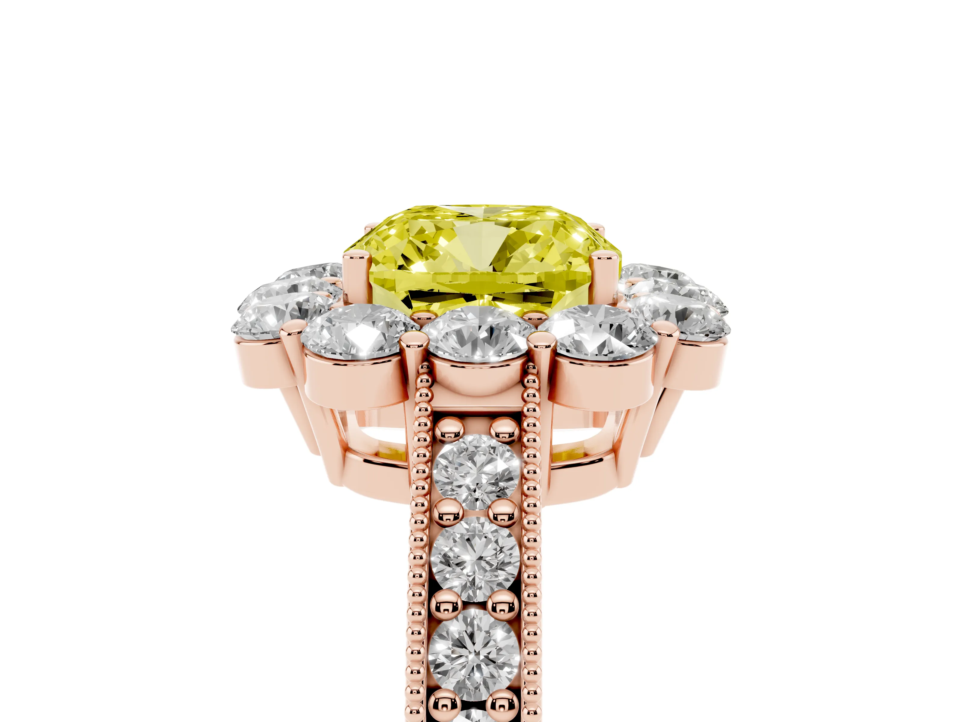 Fancy Yellow Cushion Cut Diamond Halo Pavé Engagement Ring Set in Rose gold with Milgrain Detailing