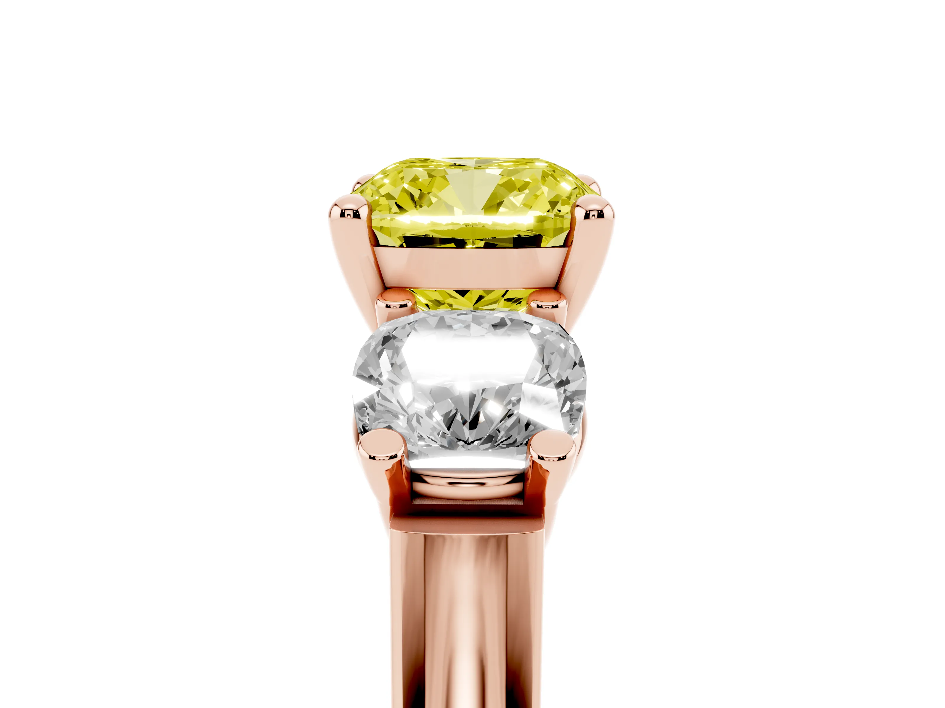 Fancy Yellow Cushion Cut Diamond Three-Stone Trellis Ring Set in Rose gold with Comfort Fit Band