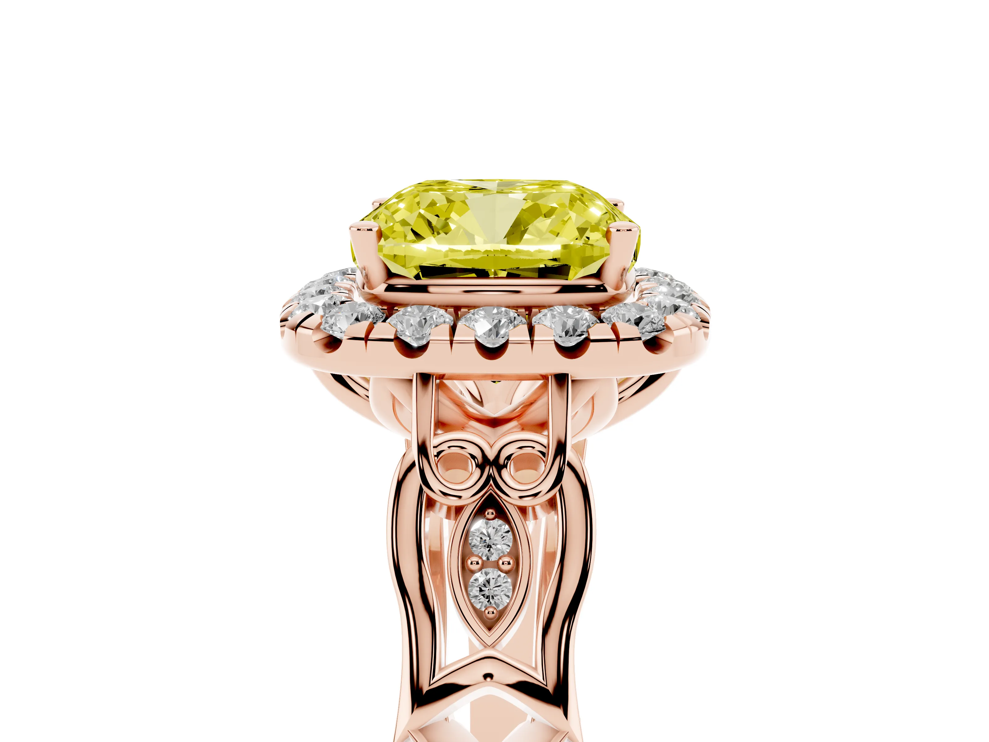 Fancy Yellow Cushion Cut Diamond Halo Engagement Ring Set in Rose gold with Filigree Band and Prong-Set Center
