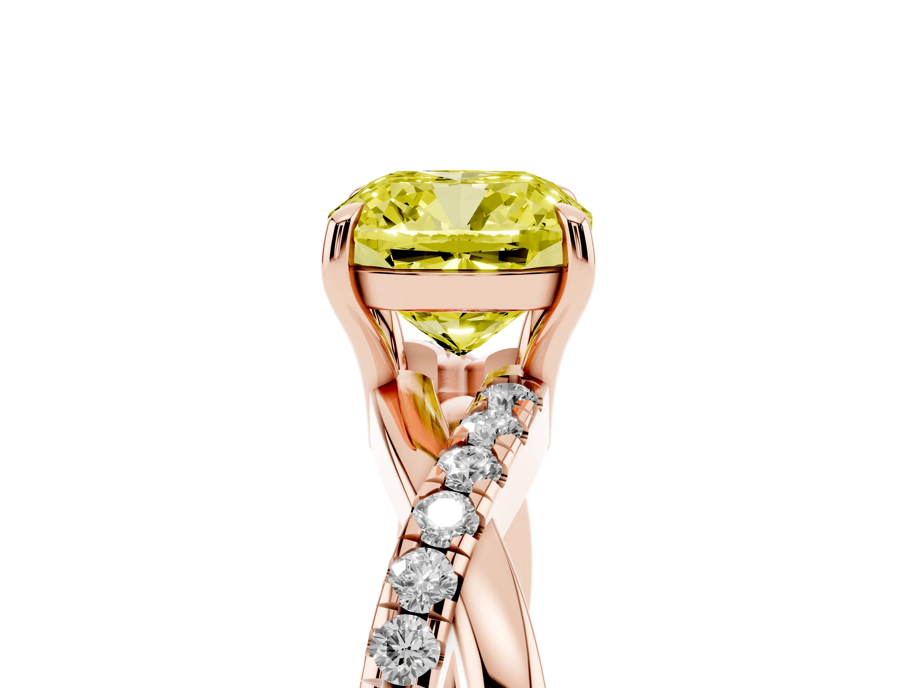 Fancy Yellow Cushion Cut Diamond Twisted Pavé Band Ring Set in Rose gold with Prong Setting