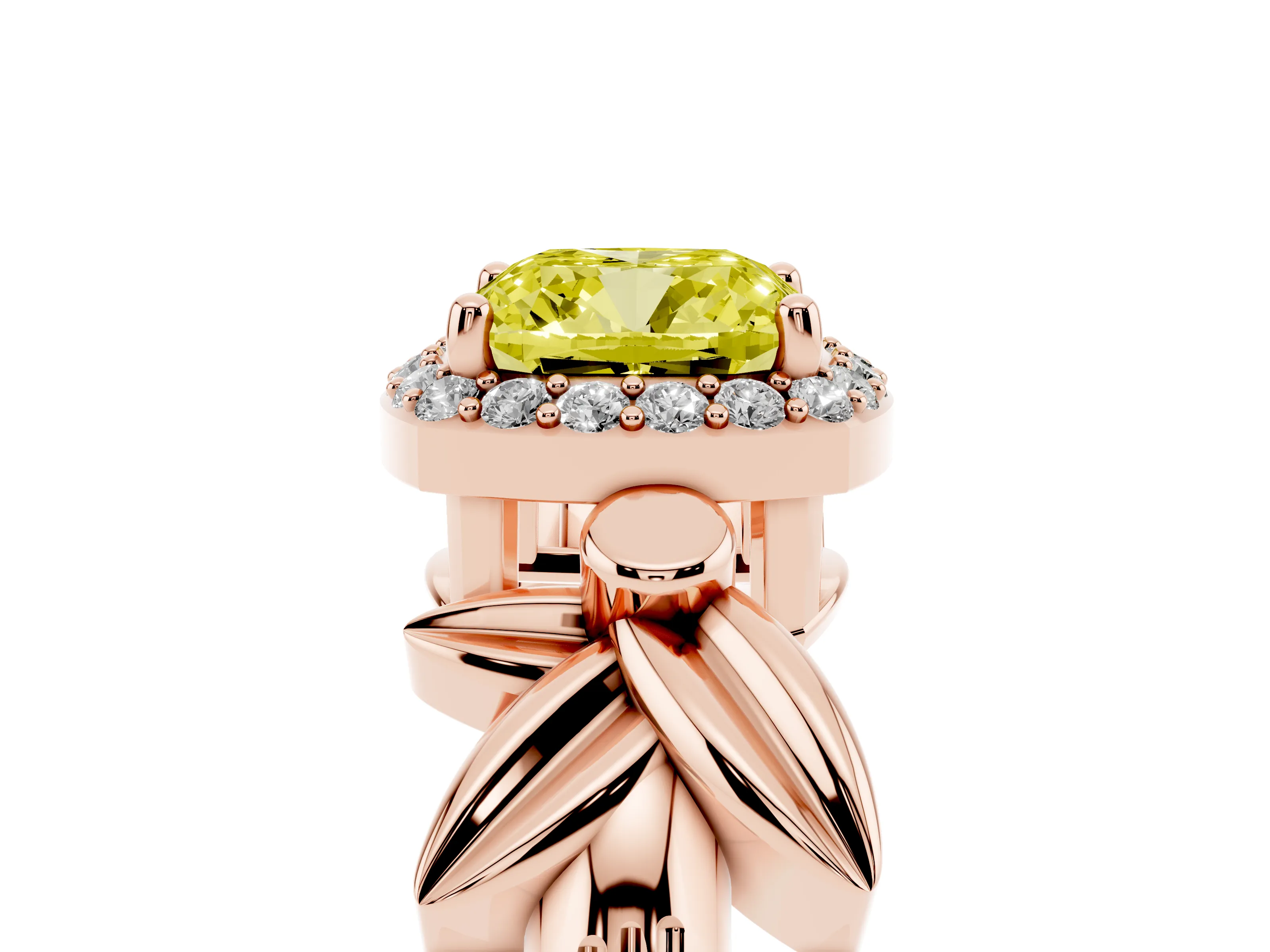 Fancy Yellow Cushion Cut Diamond Halo Floral Band Ring Set in Rose gold with Prong Setting