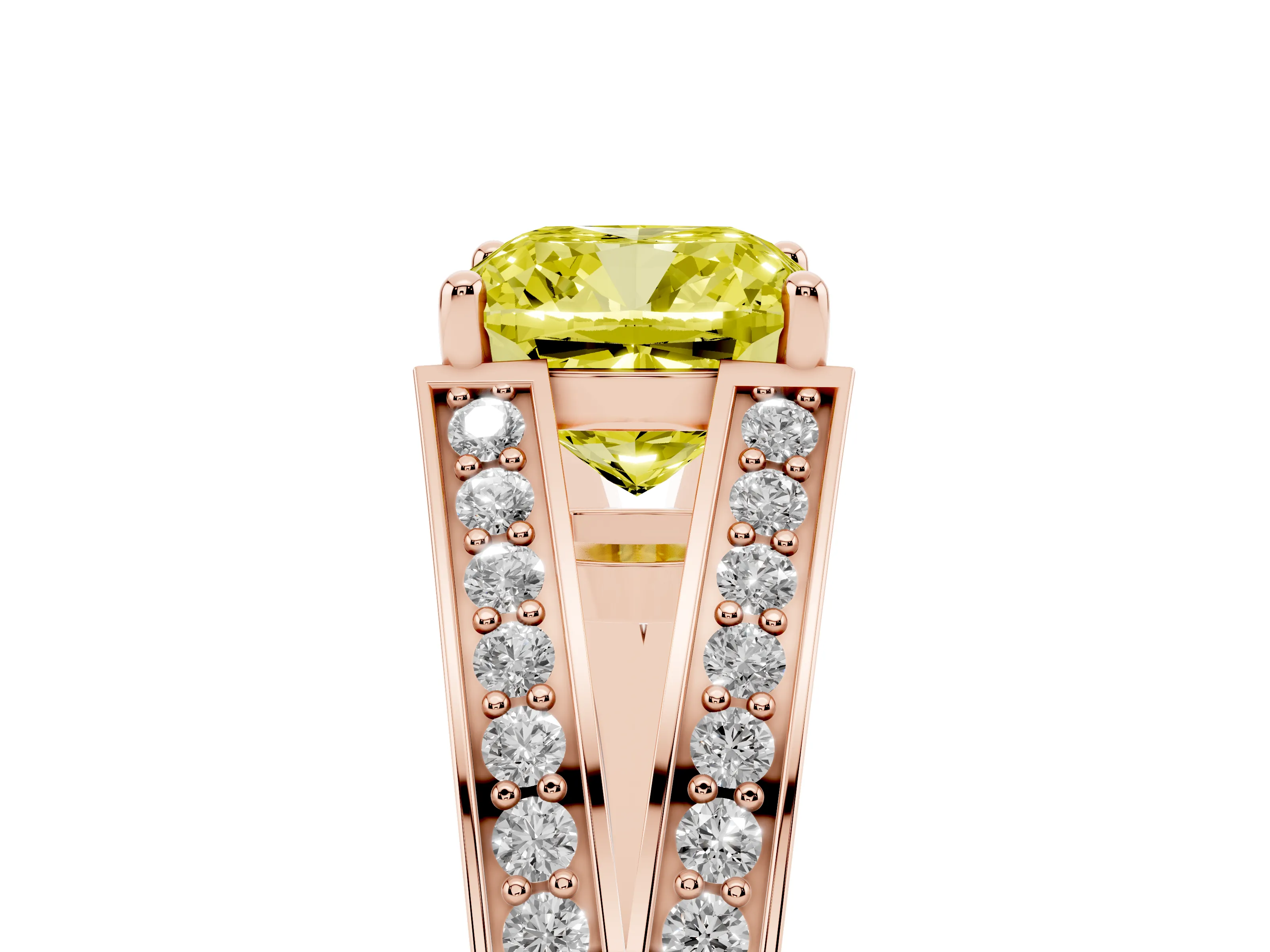 Fancy Yellow Cushion Cut Diamond Split Shank Ring Set in Rose gold with Pavé Band and Prong Setting