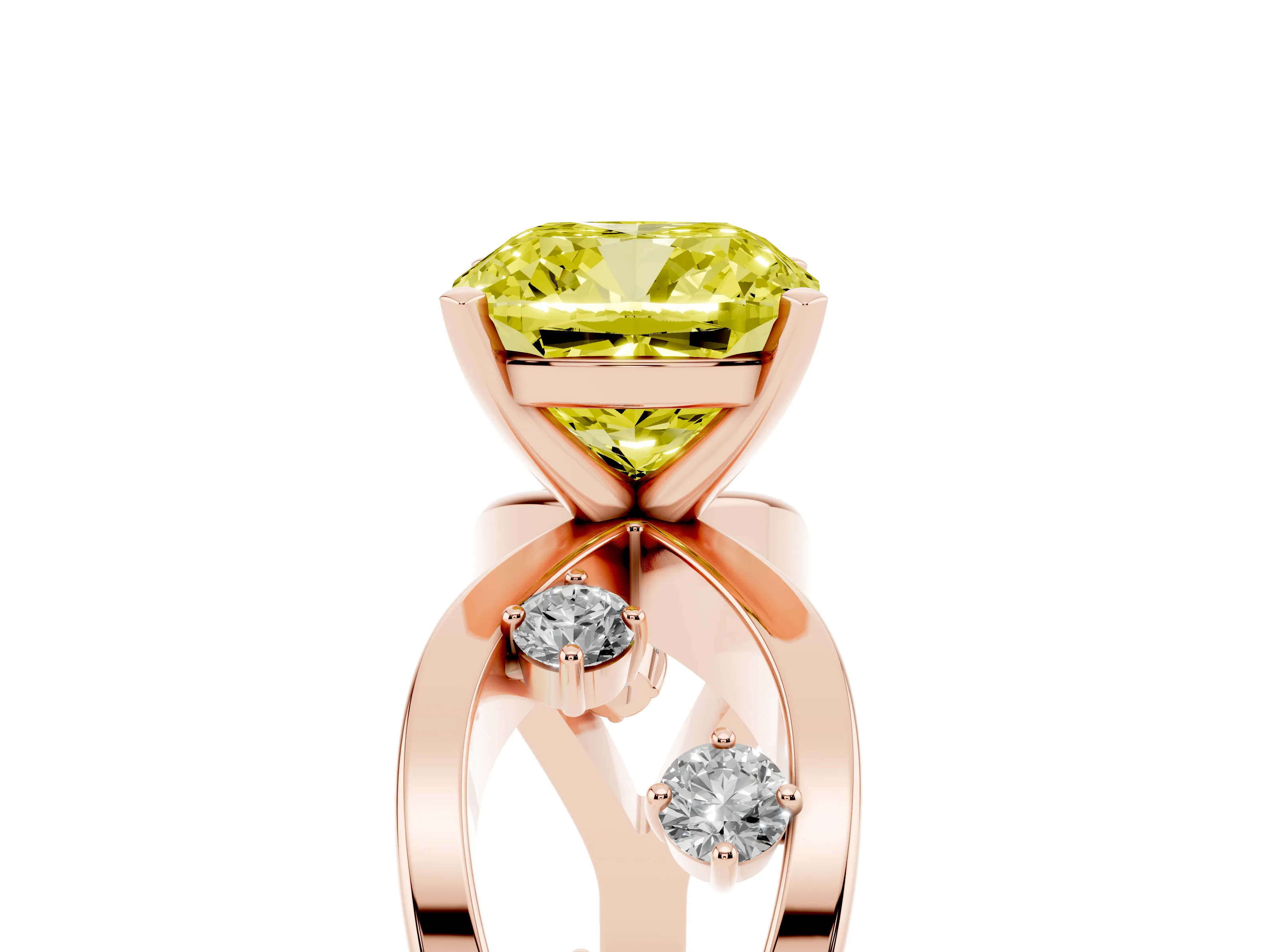 Fancy Yellow Cushion Cut Diamond Solitaire Ring Set in Rose gold with Side Stones on Criss-Cross Band and Prong Setting