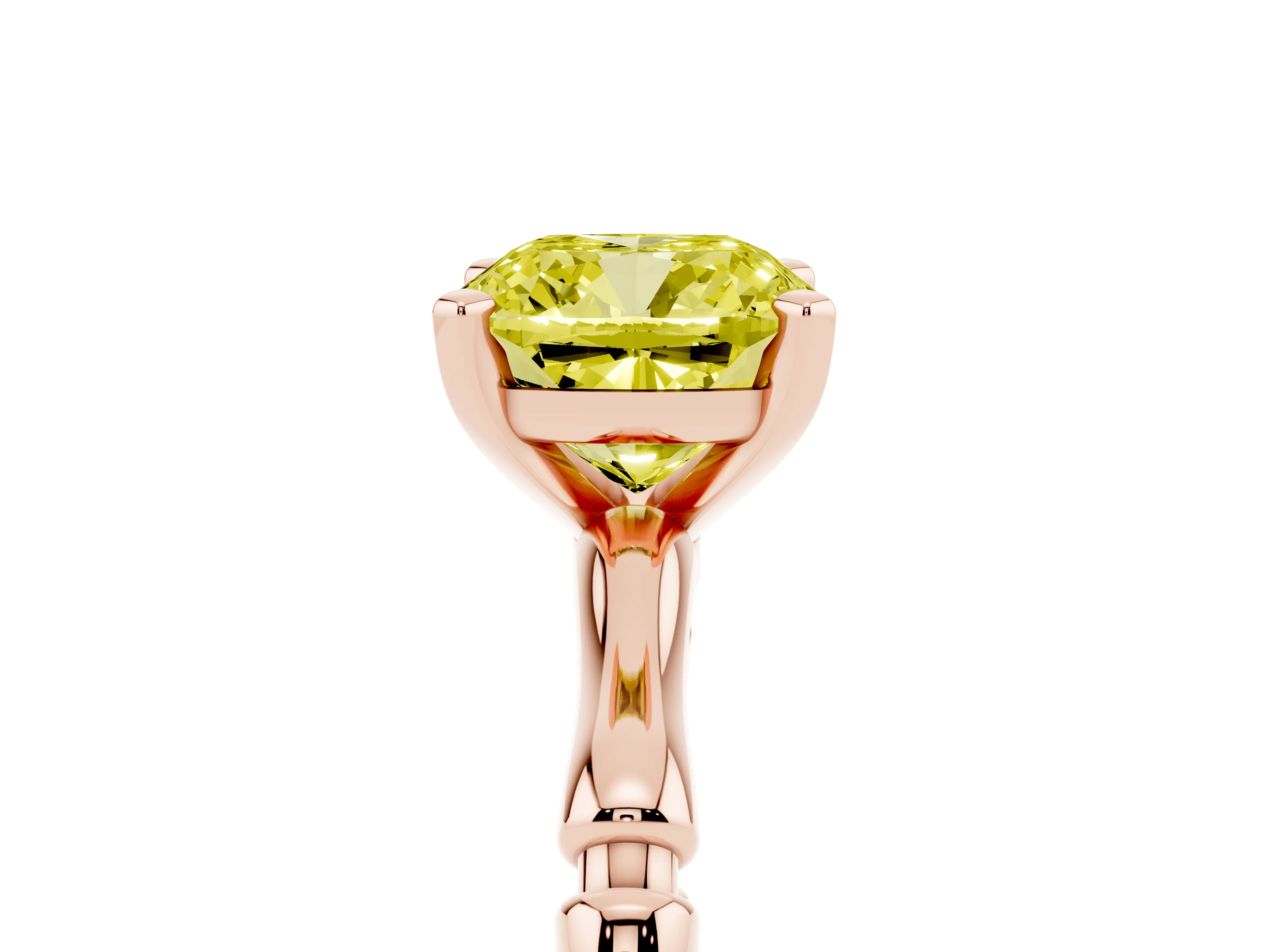 Fancy Yellow Cushion Cut Diamond Solitaire Ring Set in Rose gold with Bamboo Band and Prong Setting