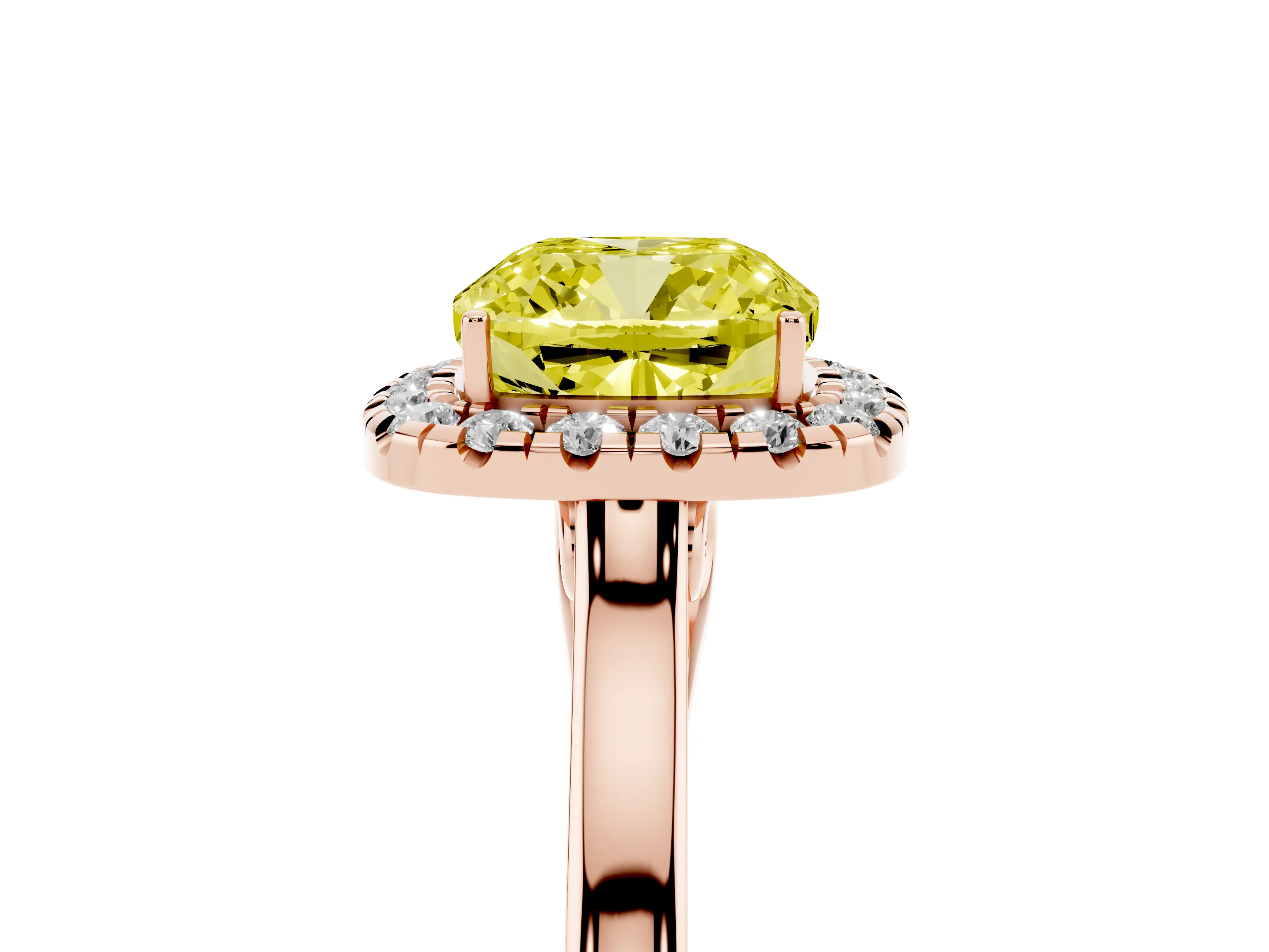 Fancy Yellow Cushion Cut Halo Round Diamond Solitaire Ring Set in Rose gold with Pavé Band and Prong Setting