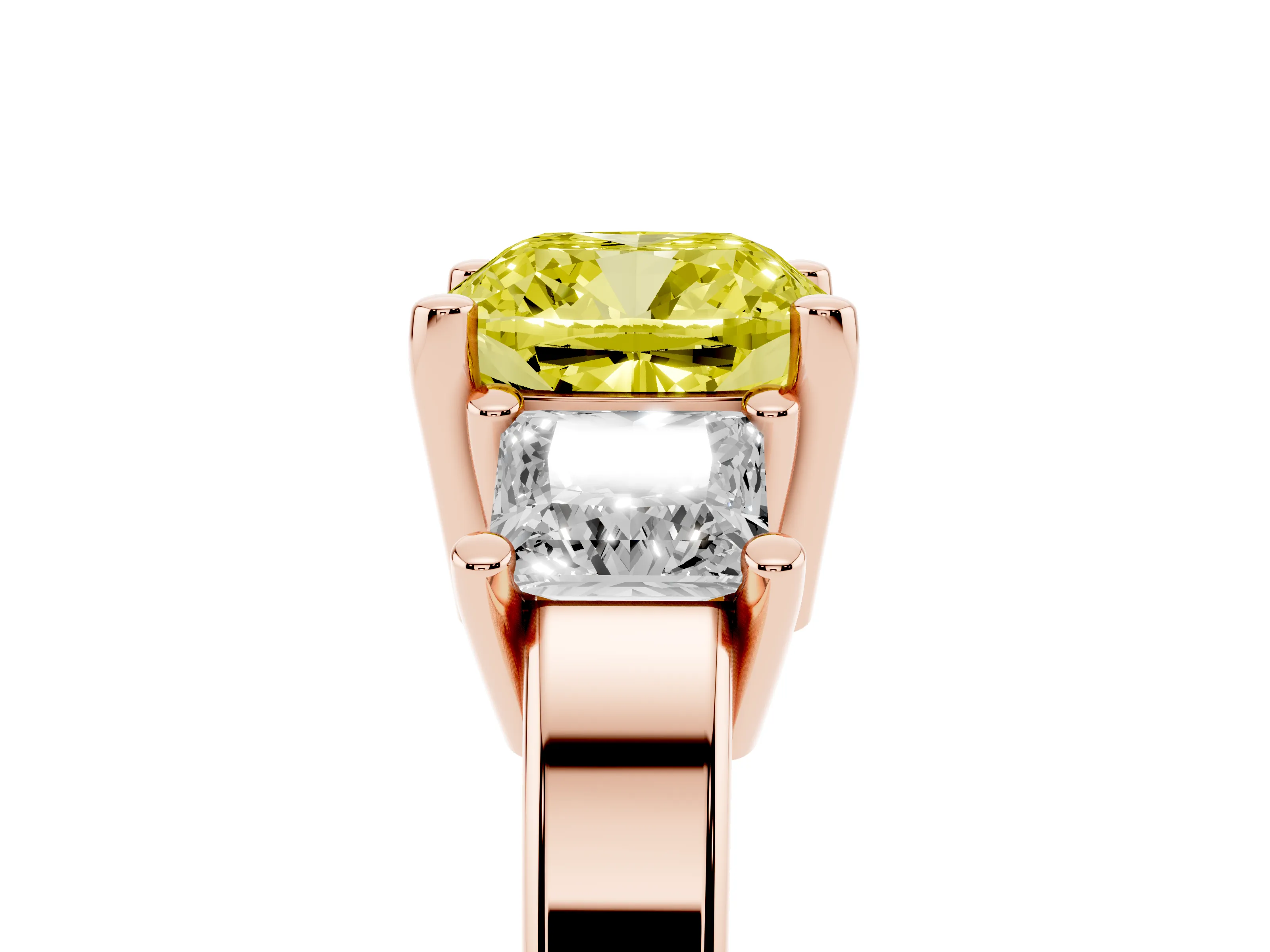 Fancy Yellow Three-Stone Cushion Cut Diamond Solitaire Ring Set in Rose gold with Prong Setting