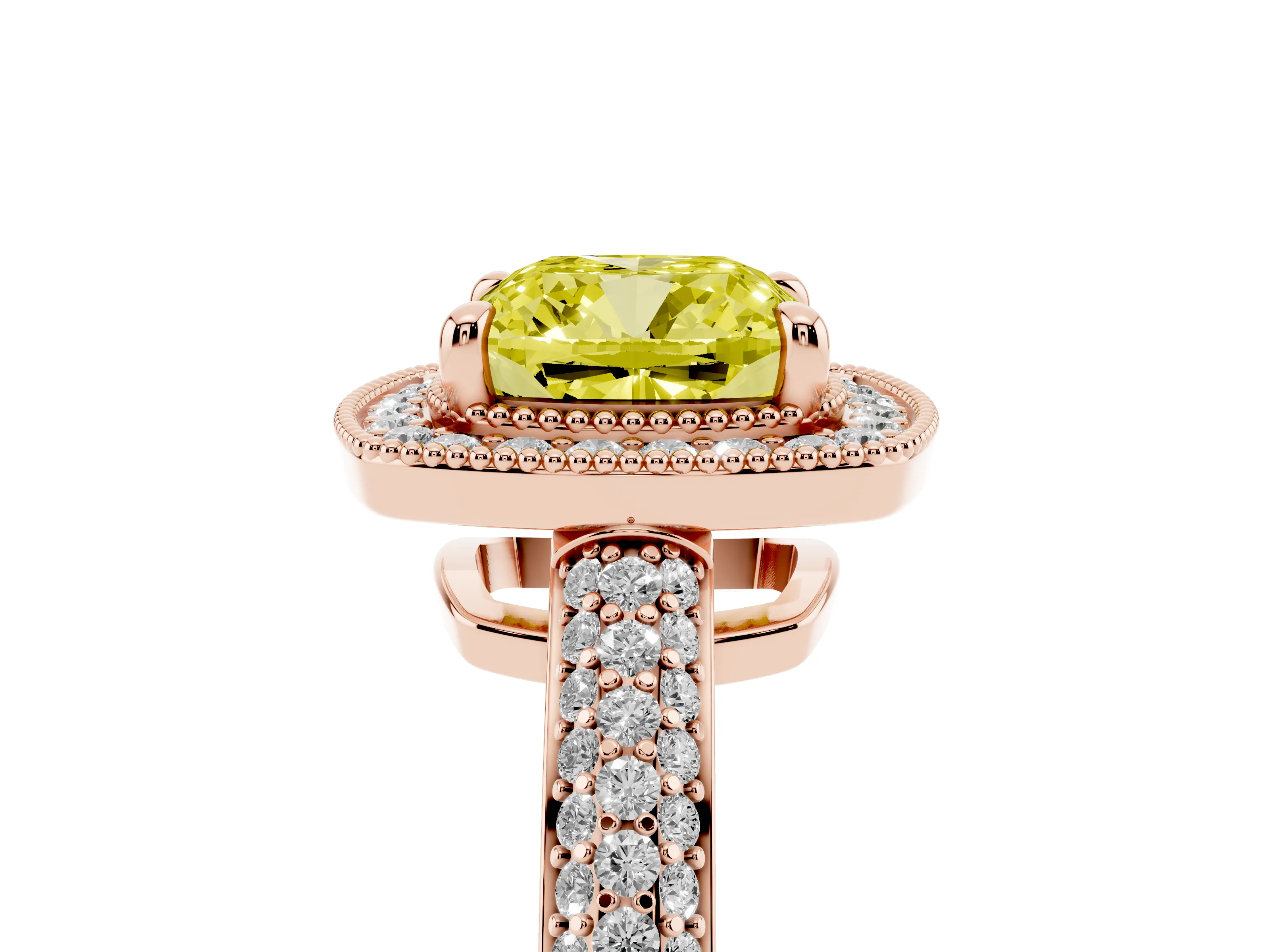Fancy Yellow Cushion Cut Diamond Halo Pavé Band Set in Rose gold with Prong Setting