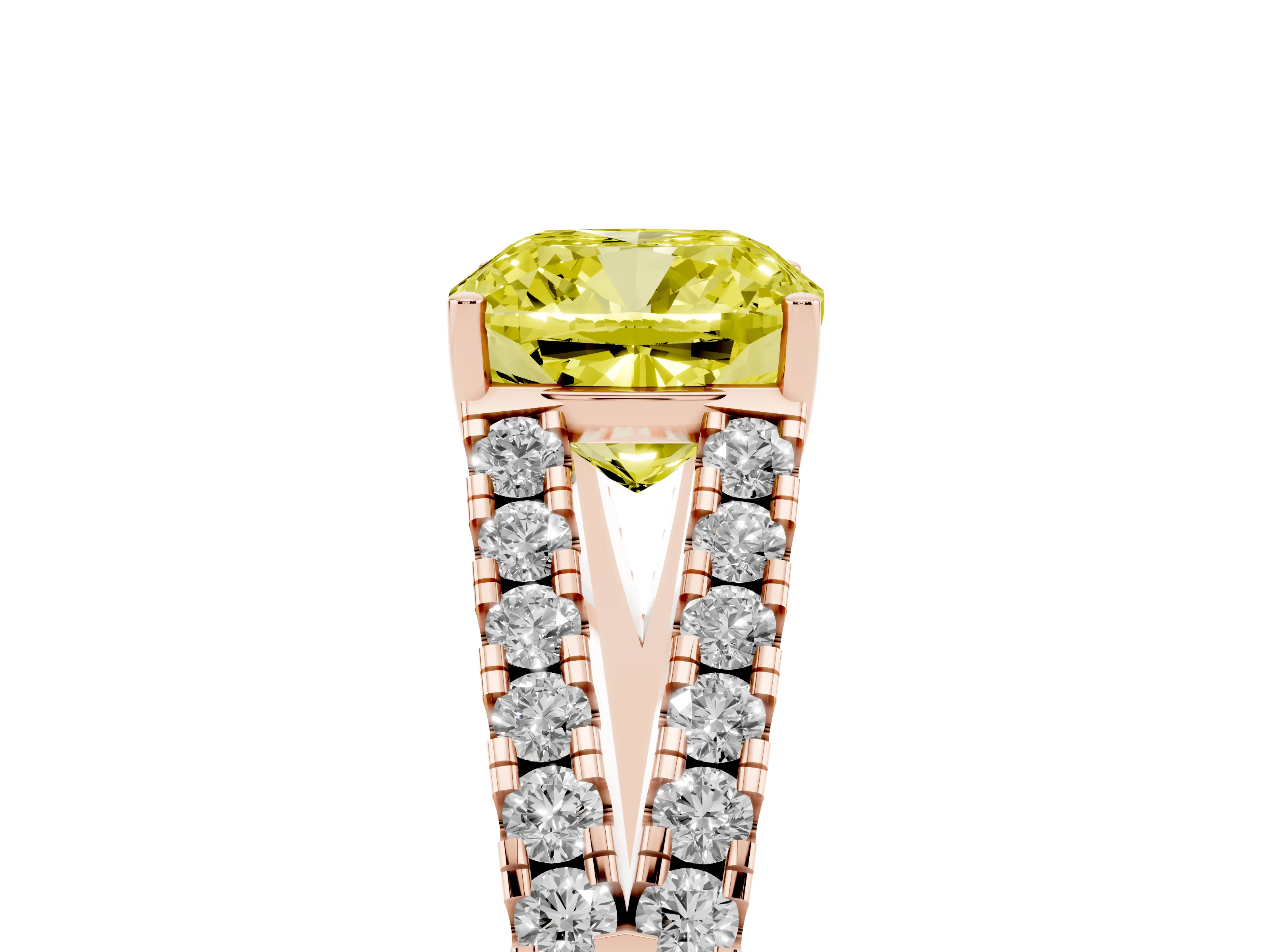 Fancy Yellow Cushion Cut Diamond Split Shank Pavé Engagement Ring Set in Rose gold with Prong-Held Center Stone