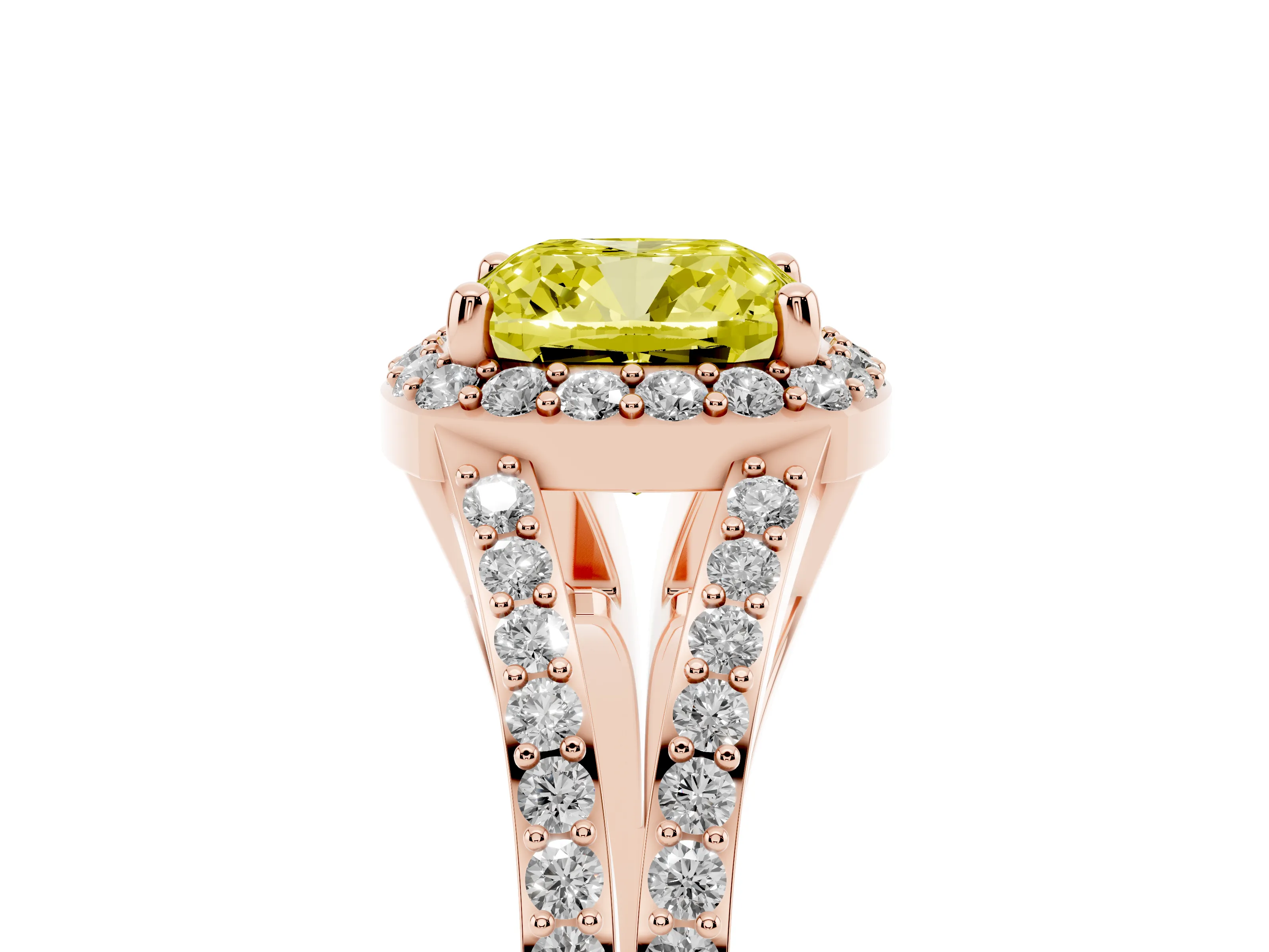 Fancy Yellow Cushion Cut Diamond Halo Split Shank Ring Set in Rose gold with Accent Stones and Prong Setting