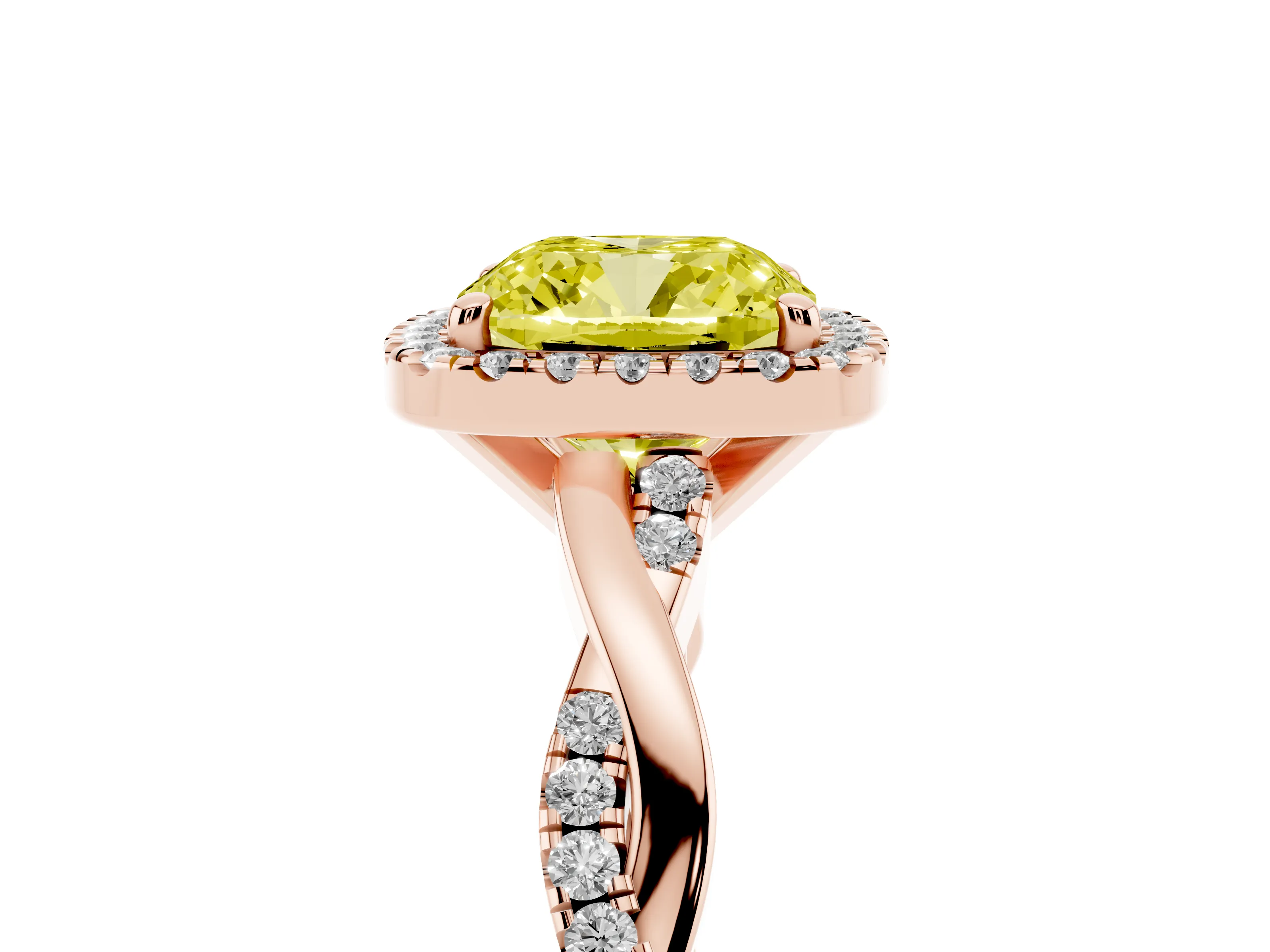 Fancy Yellow Cushion Cut Diamond Halo Twisted Band Ring Set in Rose gold with Prong Setting