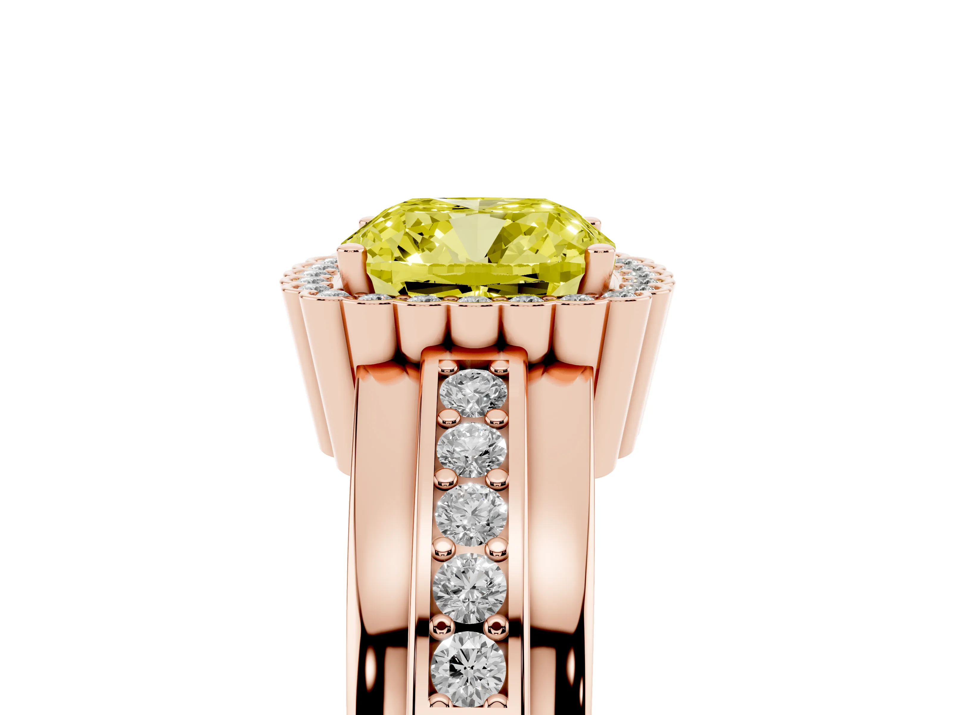 Fancy Yellow Cushion Cut Diamond Halo Prong Ring Set in Rose gold with Pavé Band