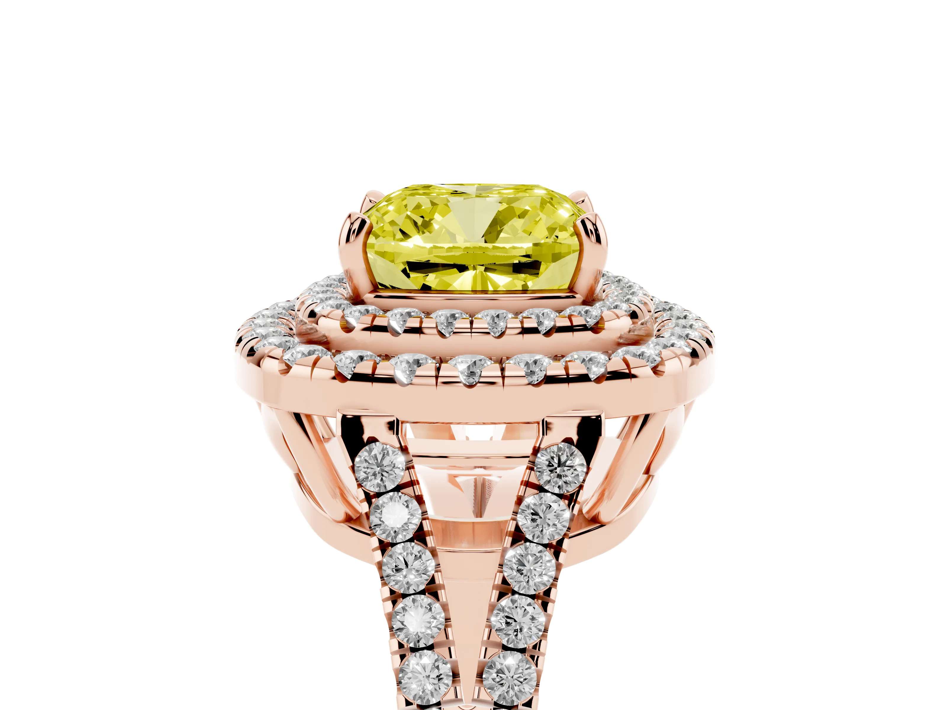 Fancy Yellow Cushion Cut Diamond Double Halo Ring Set in Rose gold with Pavé Band