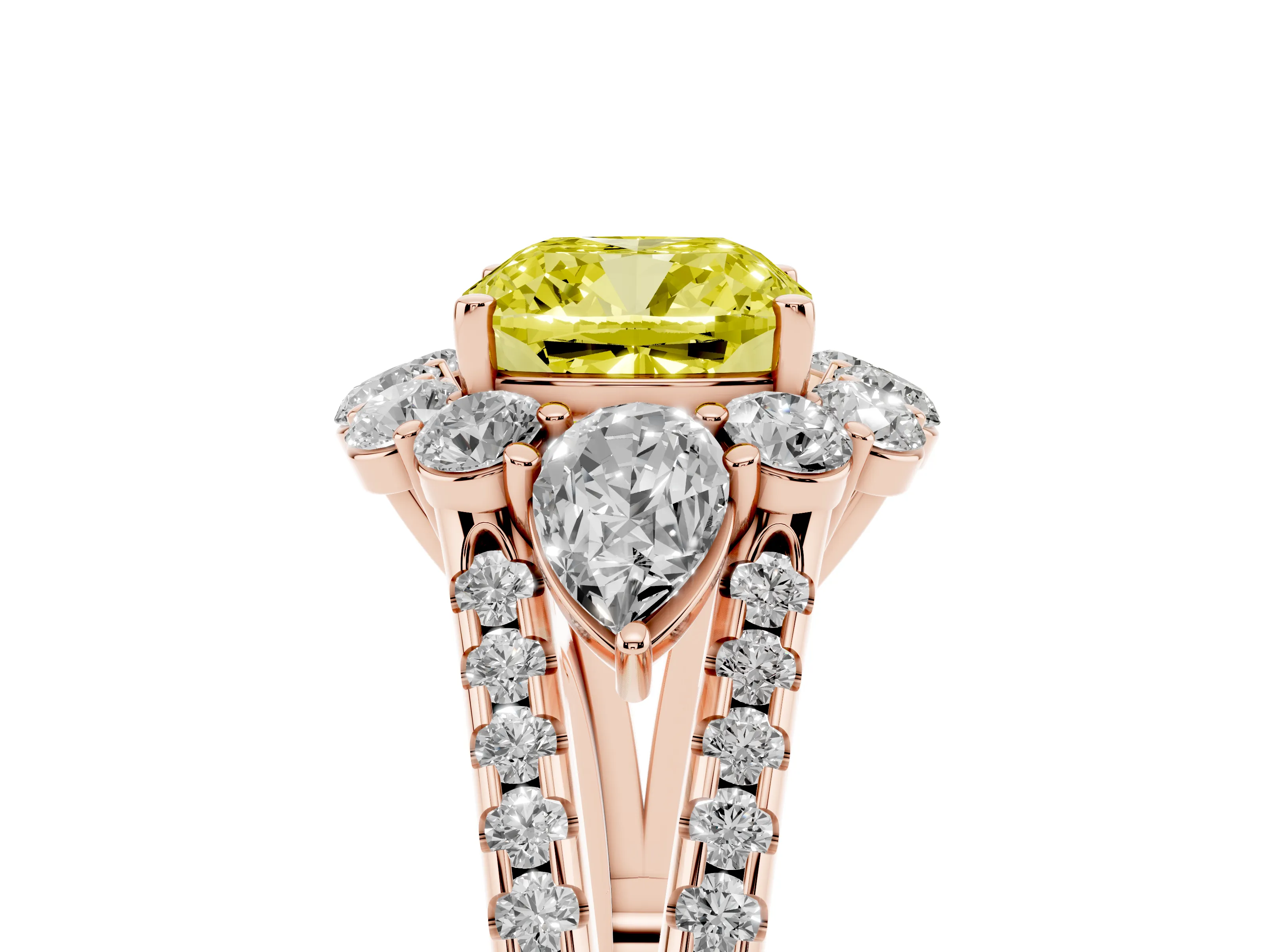 Fancy Yellow Cushion Cut Diamond Halo Split Shank Engagement Ring Set in Rose gold with Prong-Held Center Stone
