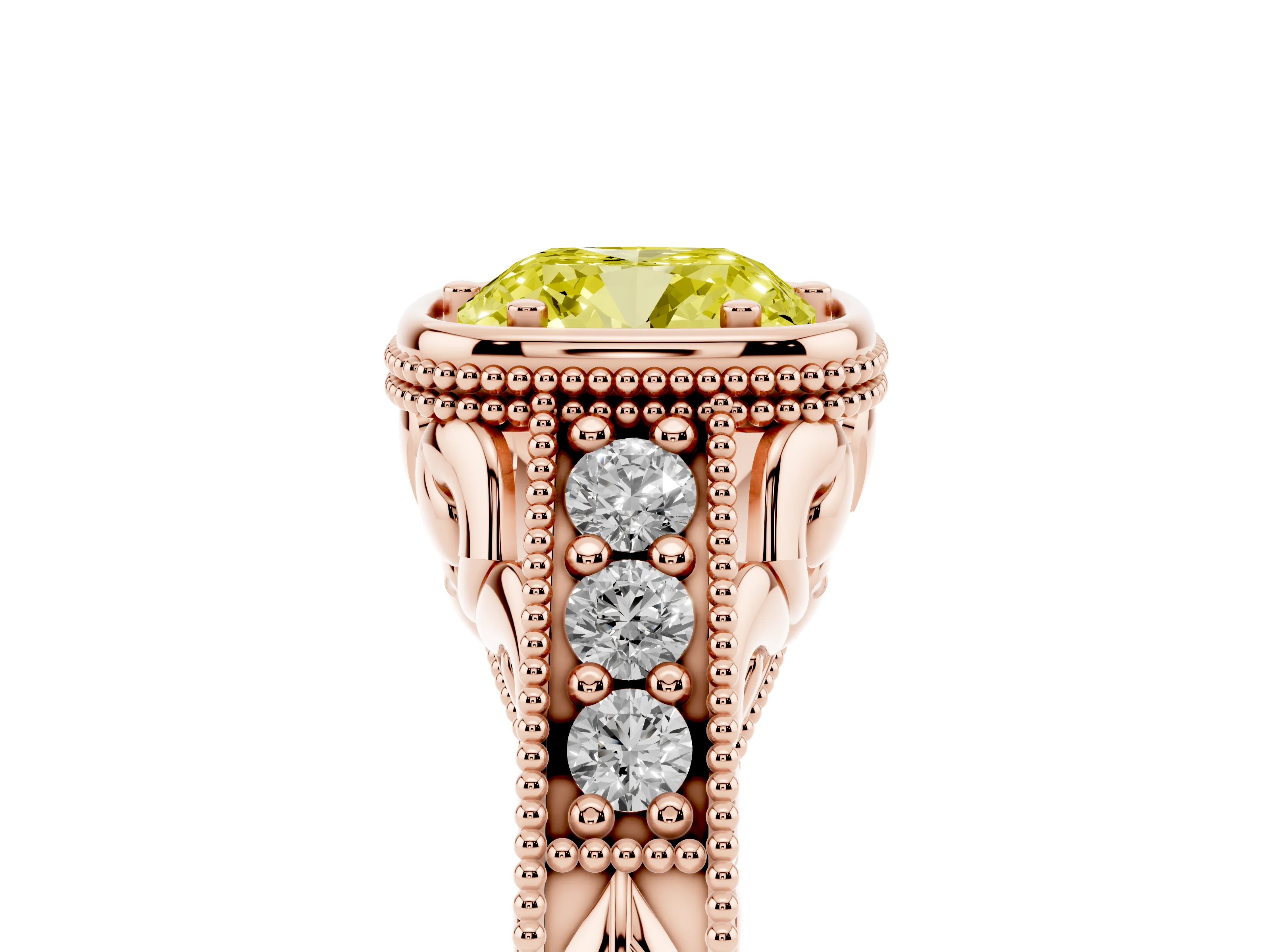Fancy Yellow Bezel Set Cushion Cut Diamond Milgrain Pavé Engagement Ring Set in Rose gold