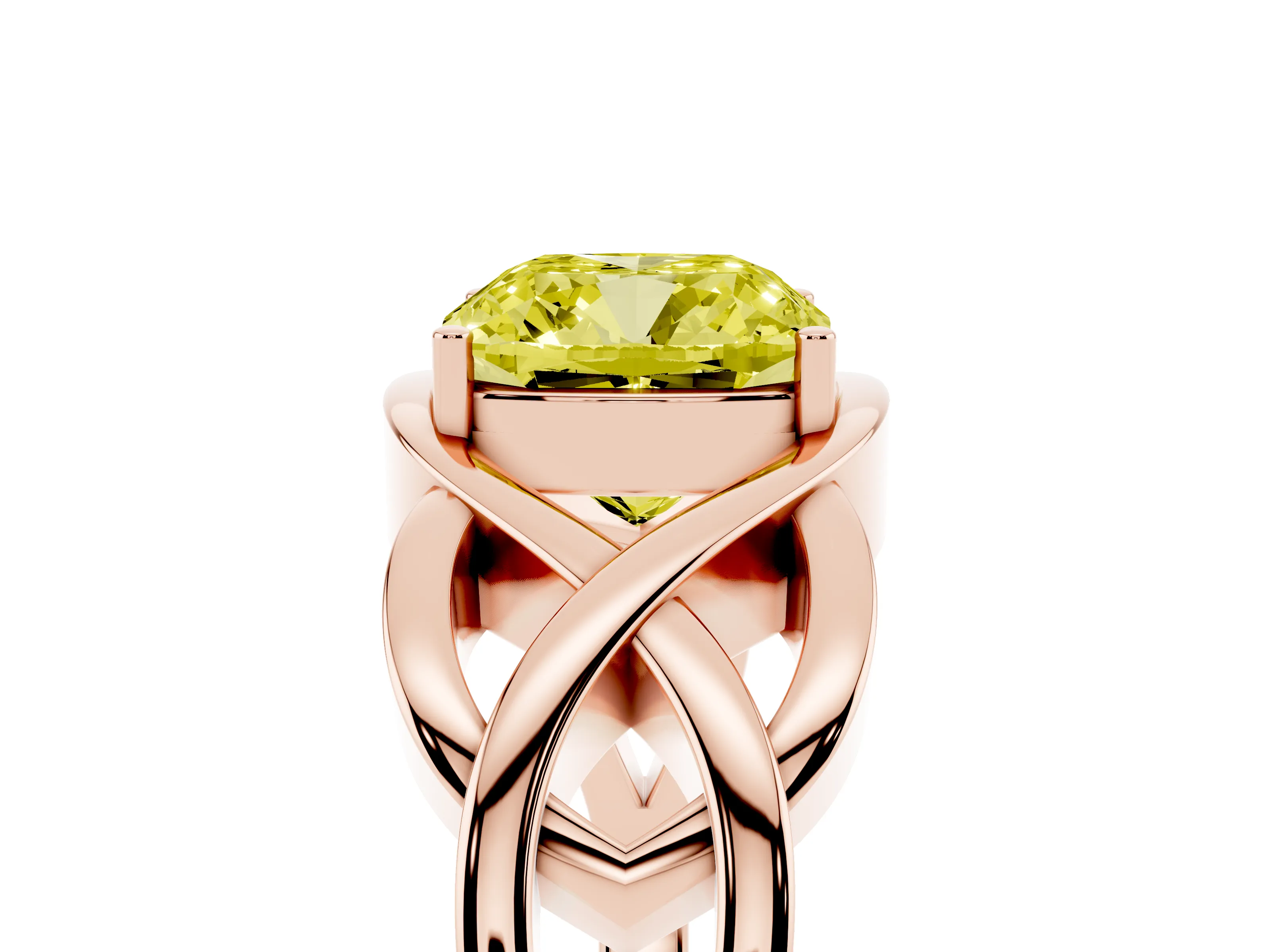 Fancy Yellow Cushion Cut Diamond Solitaire Ring Set in Rose gold with Intertwined Band