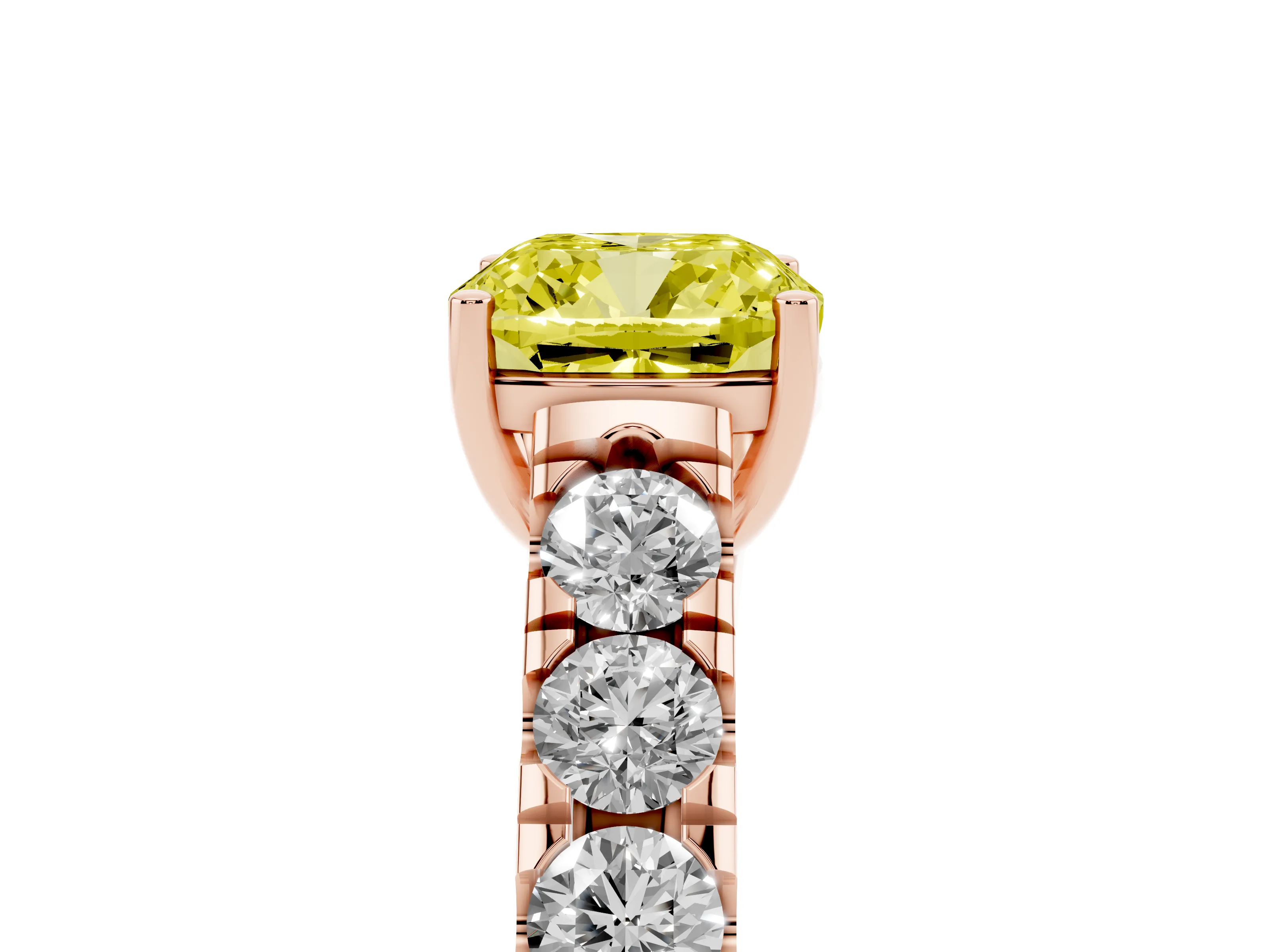 Fancy Yellow Cushion Cut Diamond Solitaire Ring Set in Rose gold with Cut-Down Micro Pavé Band and Prong Setting