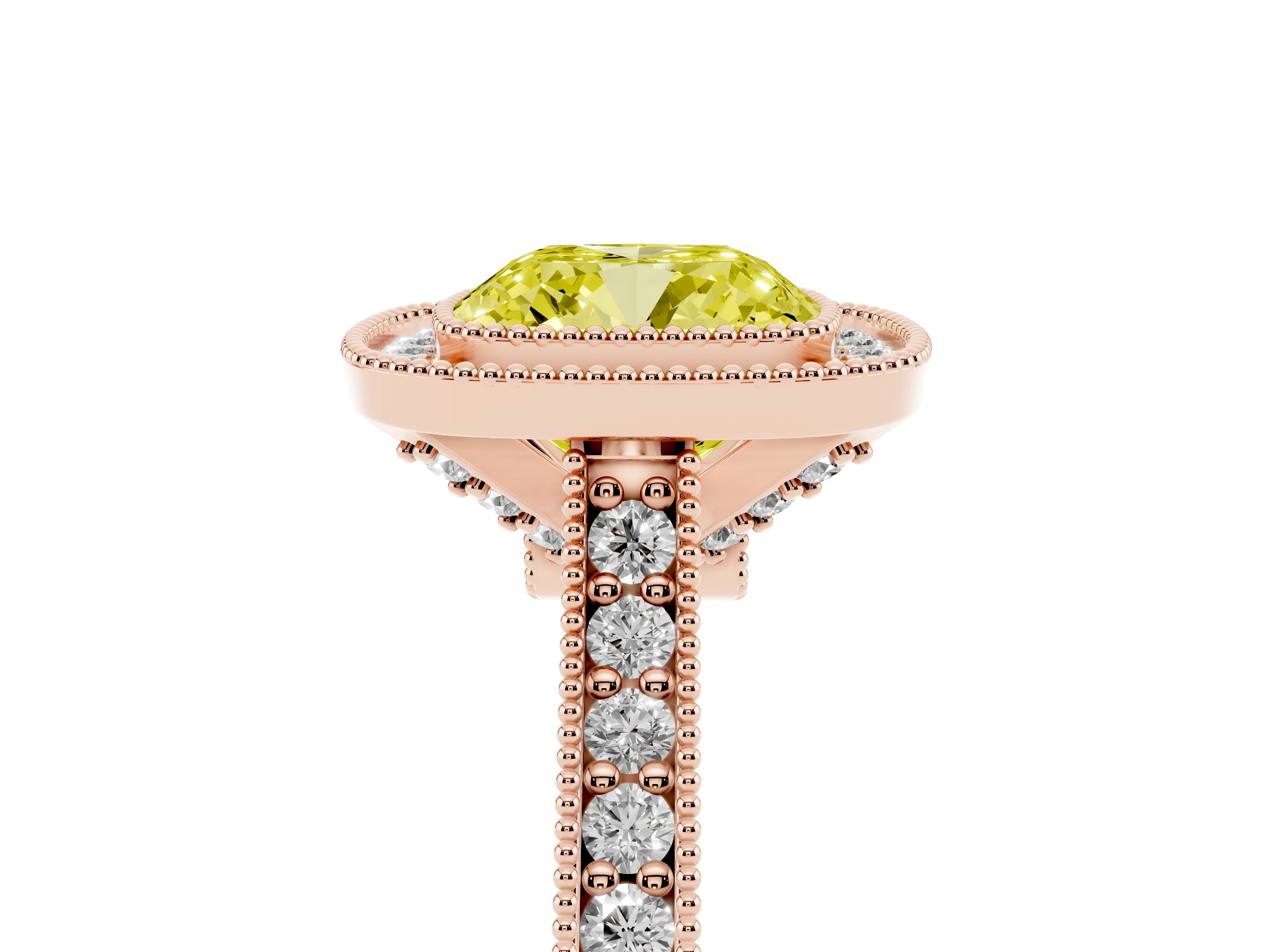 Fancy Yellow Cushion Cut Diamond Halo Milgrain Pavé Band Ring Set in Rose gold with Prong Setting