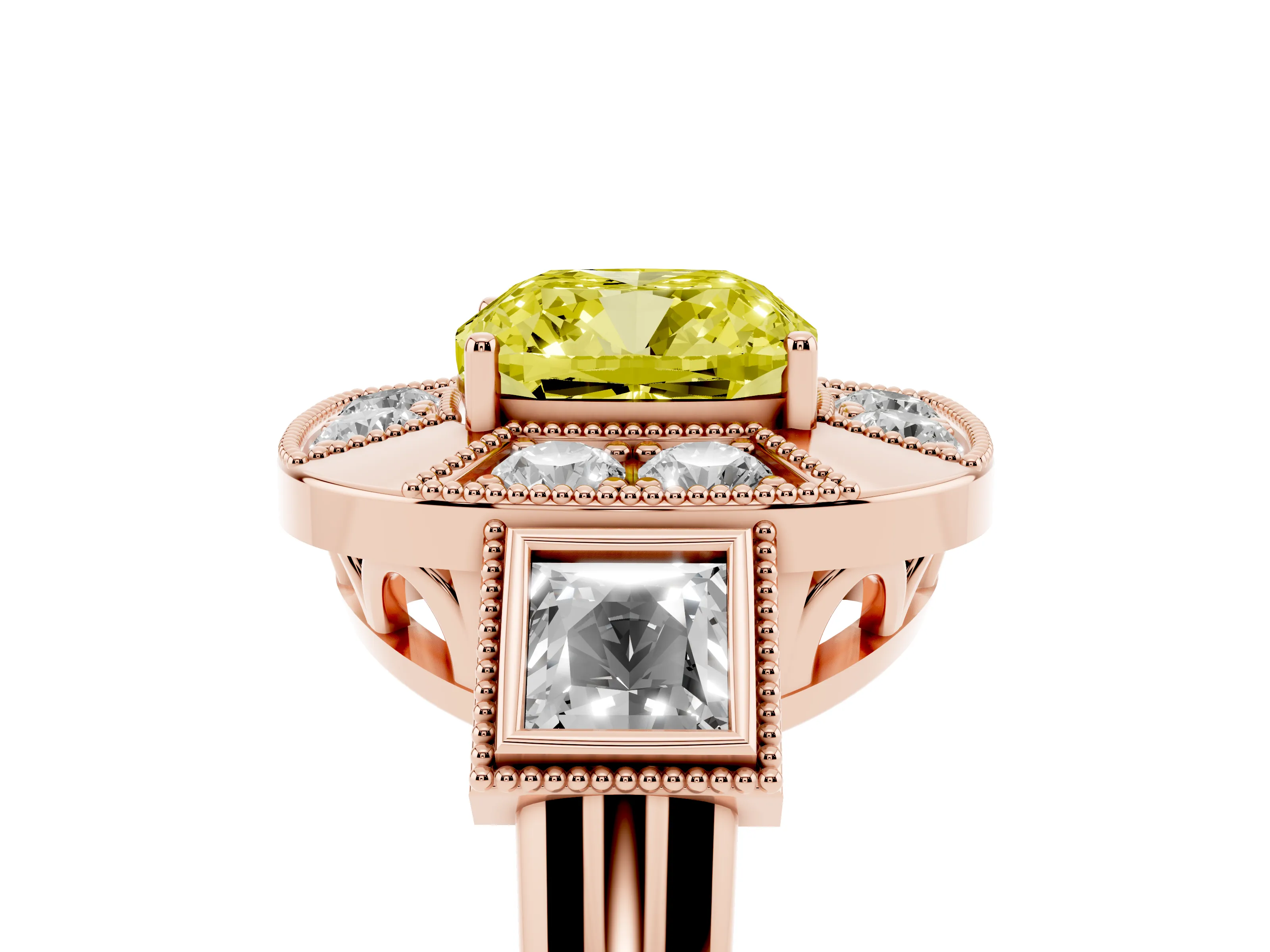 Fancy Yellow Cushion Cut Diamond Milgrain Halo Ring Set in Rose gold with Split Shank