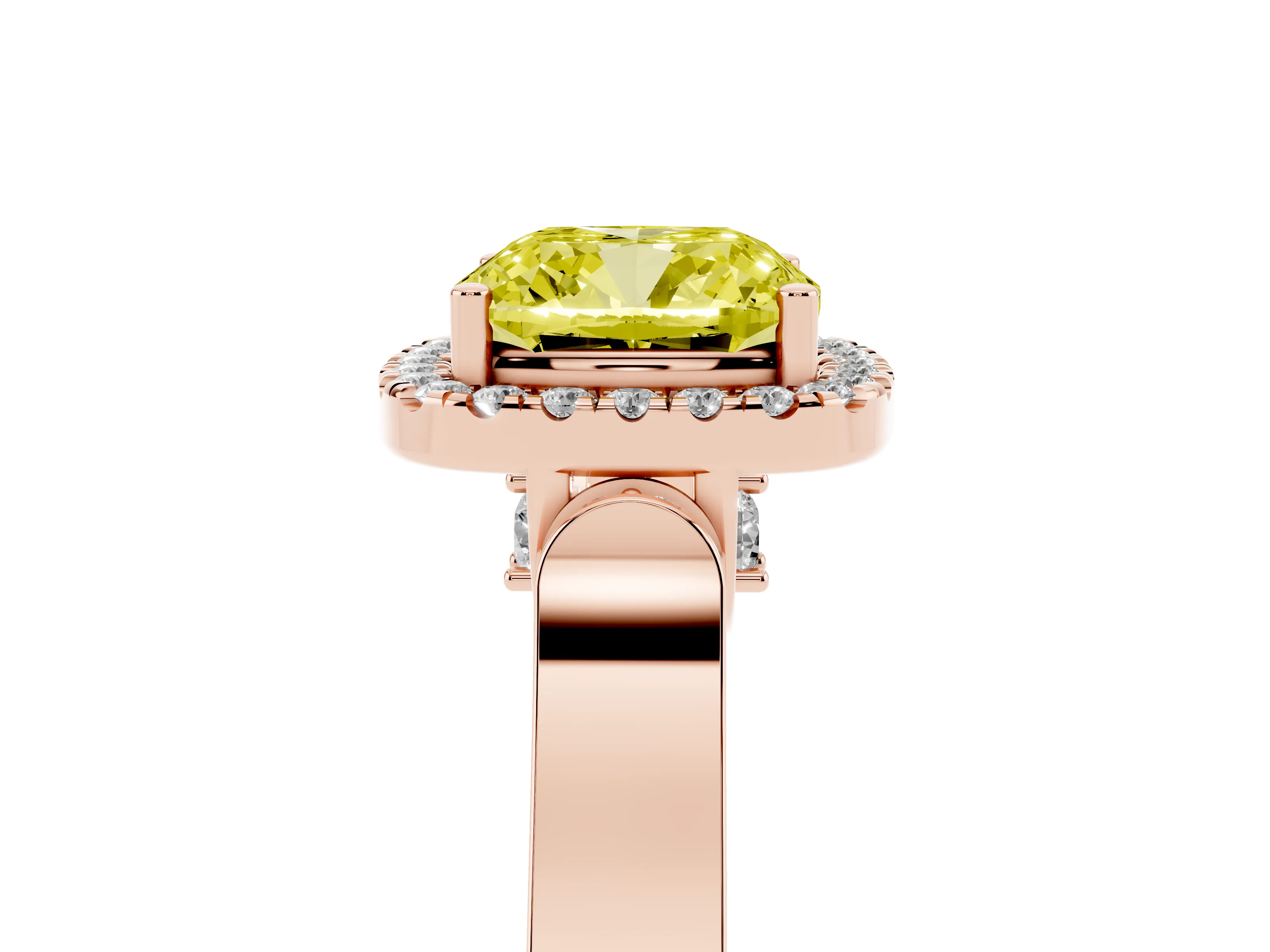 Fancy Yellow Cushion Cut Diamond Halo Ring Set in Rose gold with Pavé-Lined Split Shank Band