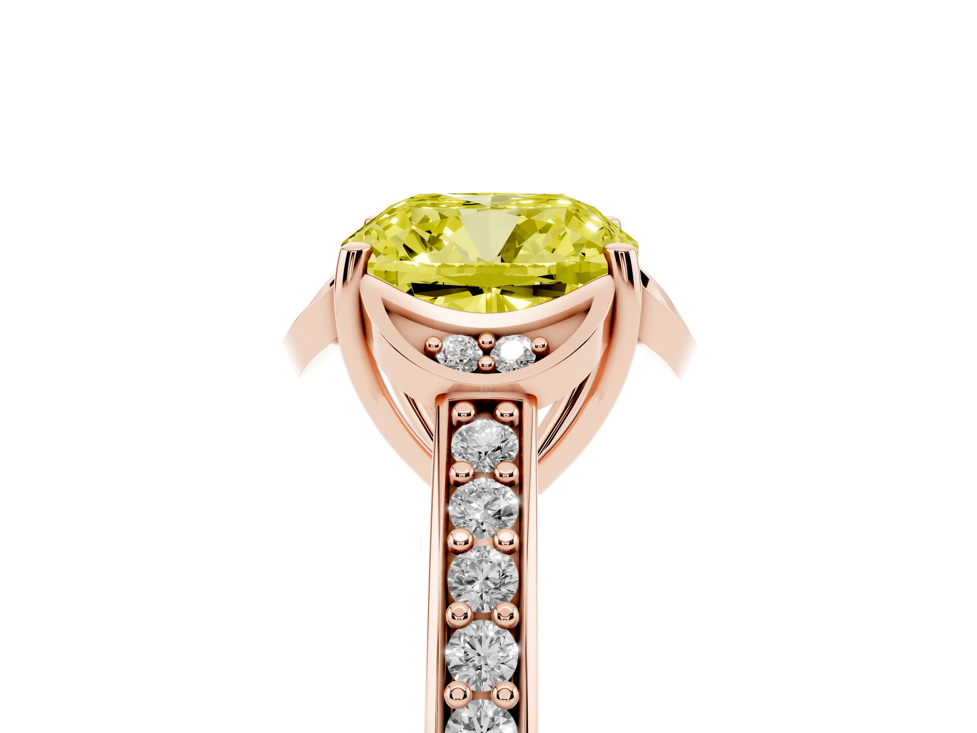 Fancy Yellow Cushion Cut Diamond Halo Ring Set in Rose gold with Channel Set Band and Prong Setting