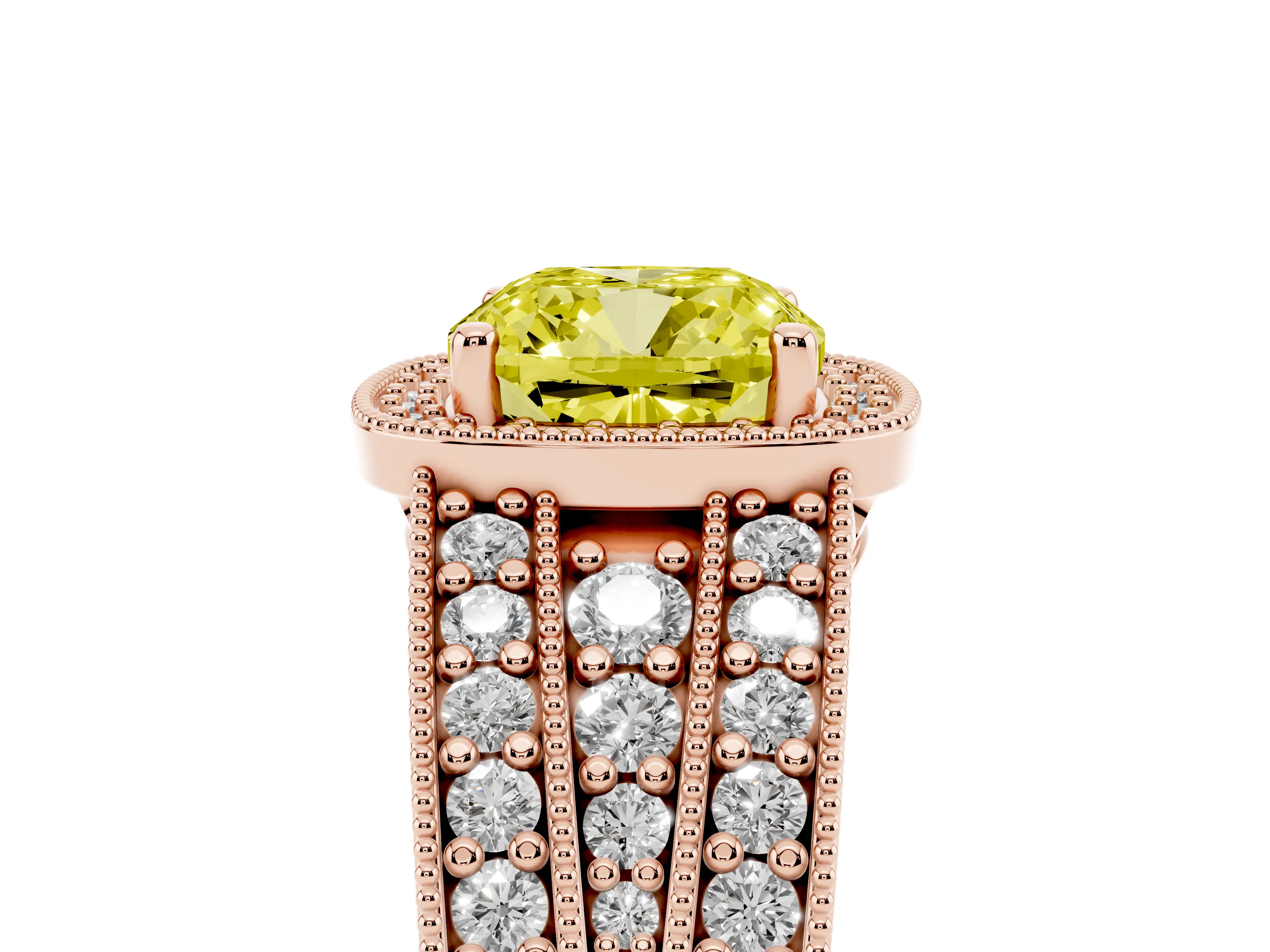 Fancy Yellow Cushion Cut Diamond Halo Ring Set in Rose gold with Accent Split Shank and Prong Setting