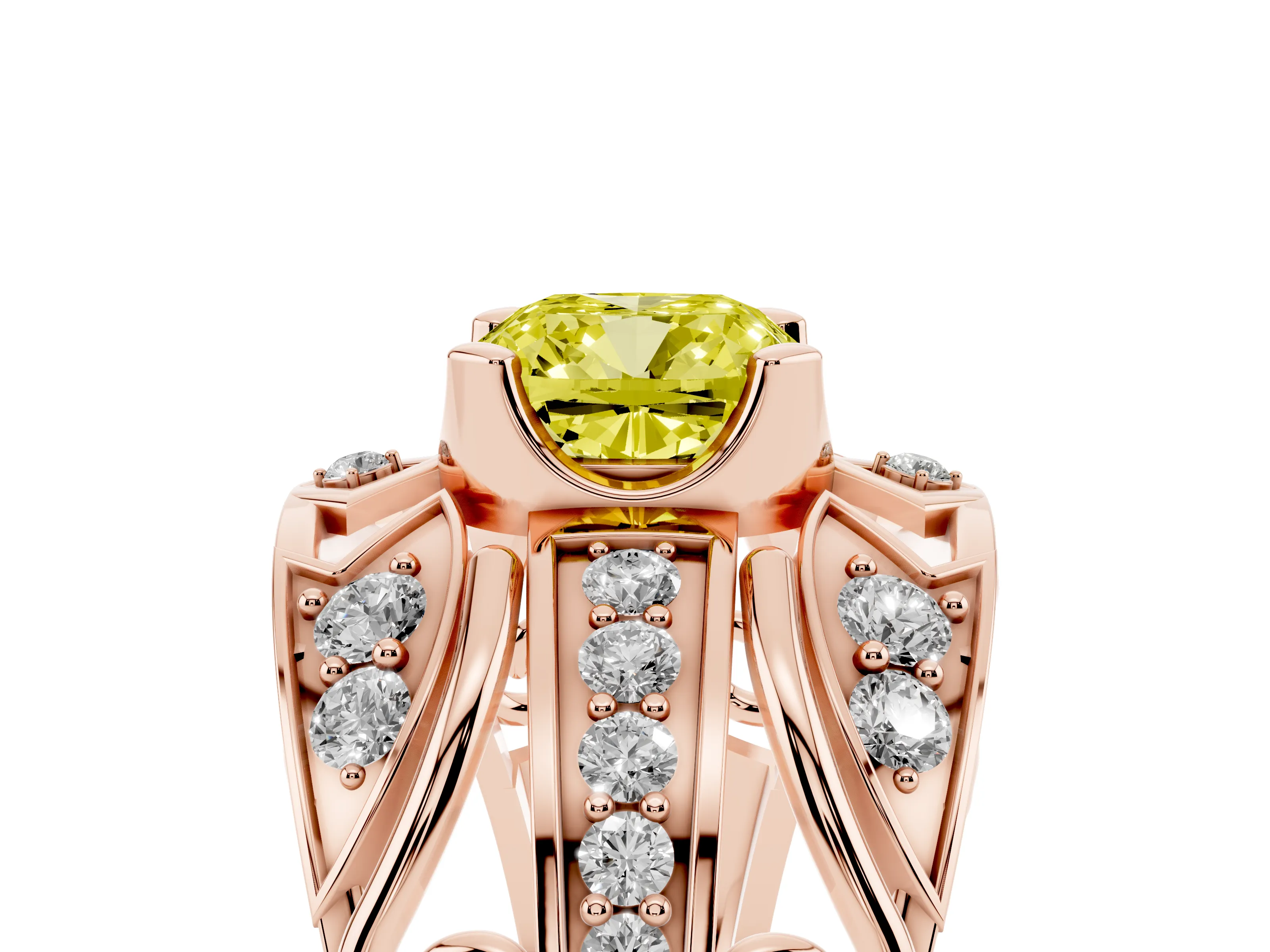 Fancy Yellow Cushion Cut Diamond Art Deco Ring Set in Rose gold with Pavé Split Shank