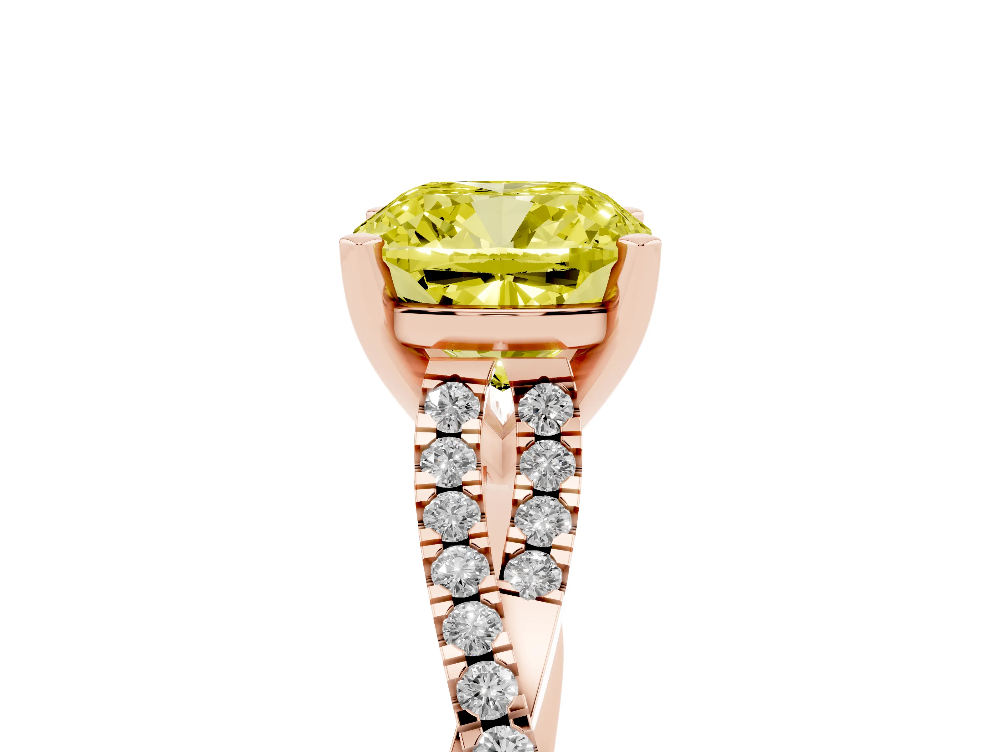Fancy Yellow Cushion Cut Diamond Solitaire Engagement Ring Set in Rose gold with Twisted Pavé Band and Prong Setting