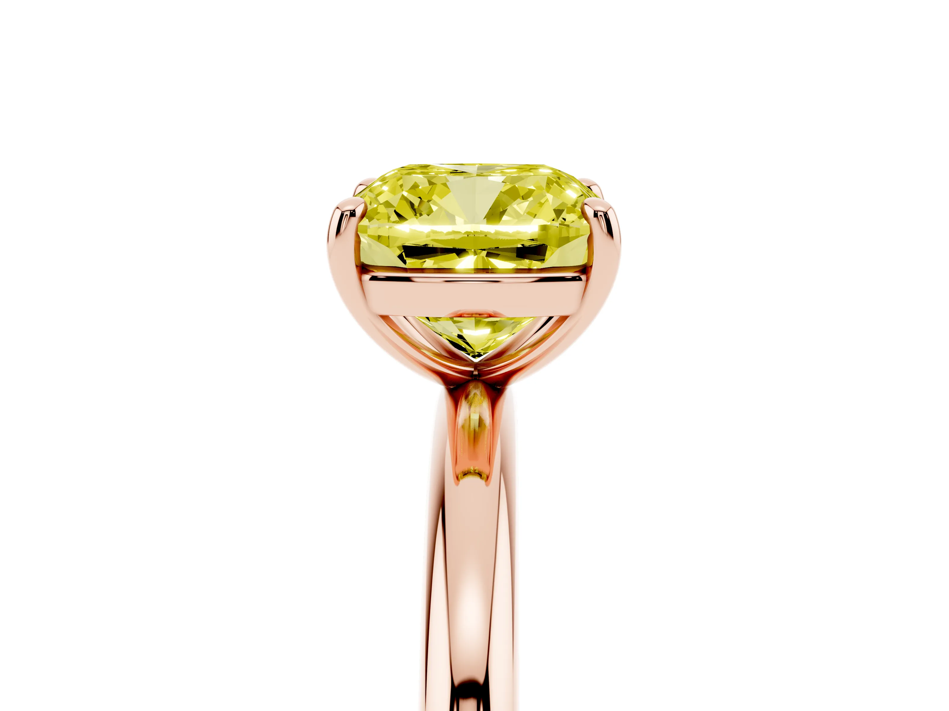 Fancy Yellow Cushion Cut Diamond Solitaire Ring Set in Rose gold with Prong Setting on a Polished Plain Band