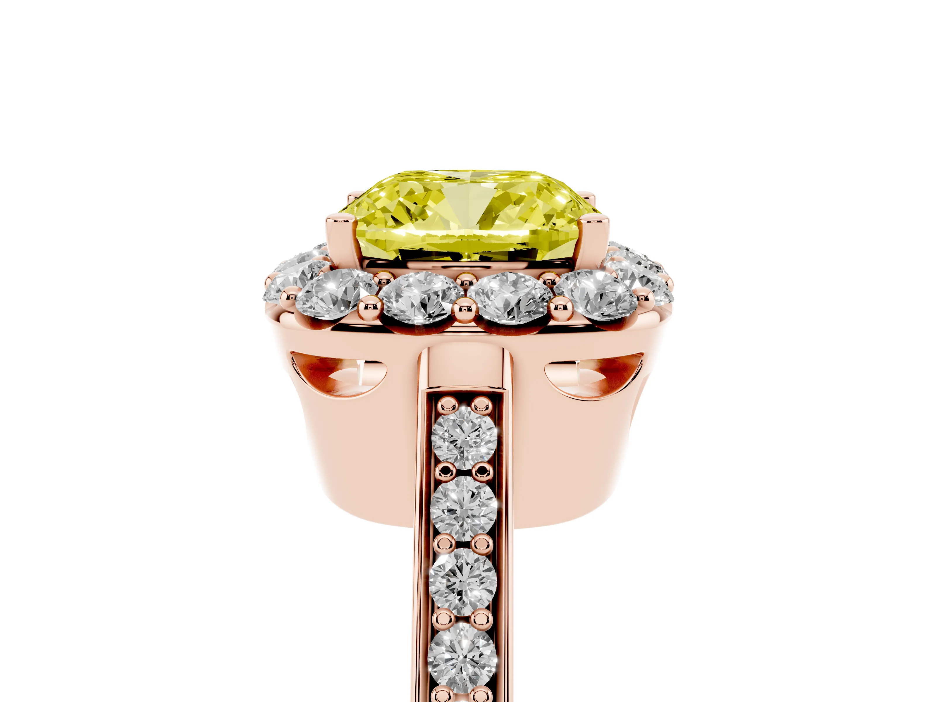 Fancy Yellow Cushion Cut Diamond Floral Halo Ring Set in Rose gold with Pavé Band and Prong Setting