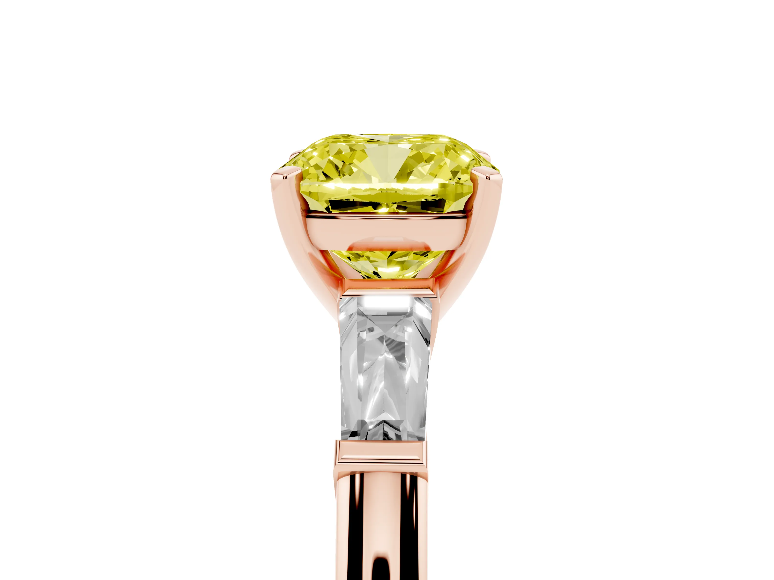 Fancy Yellow Cushion Cut Diamond Solitaire Ring Set in Rose gold with Tapered Baguette Side Stones and Prong Setting