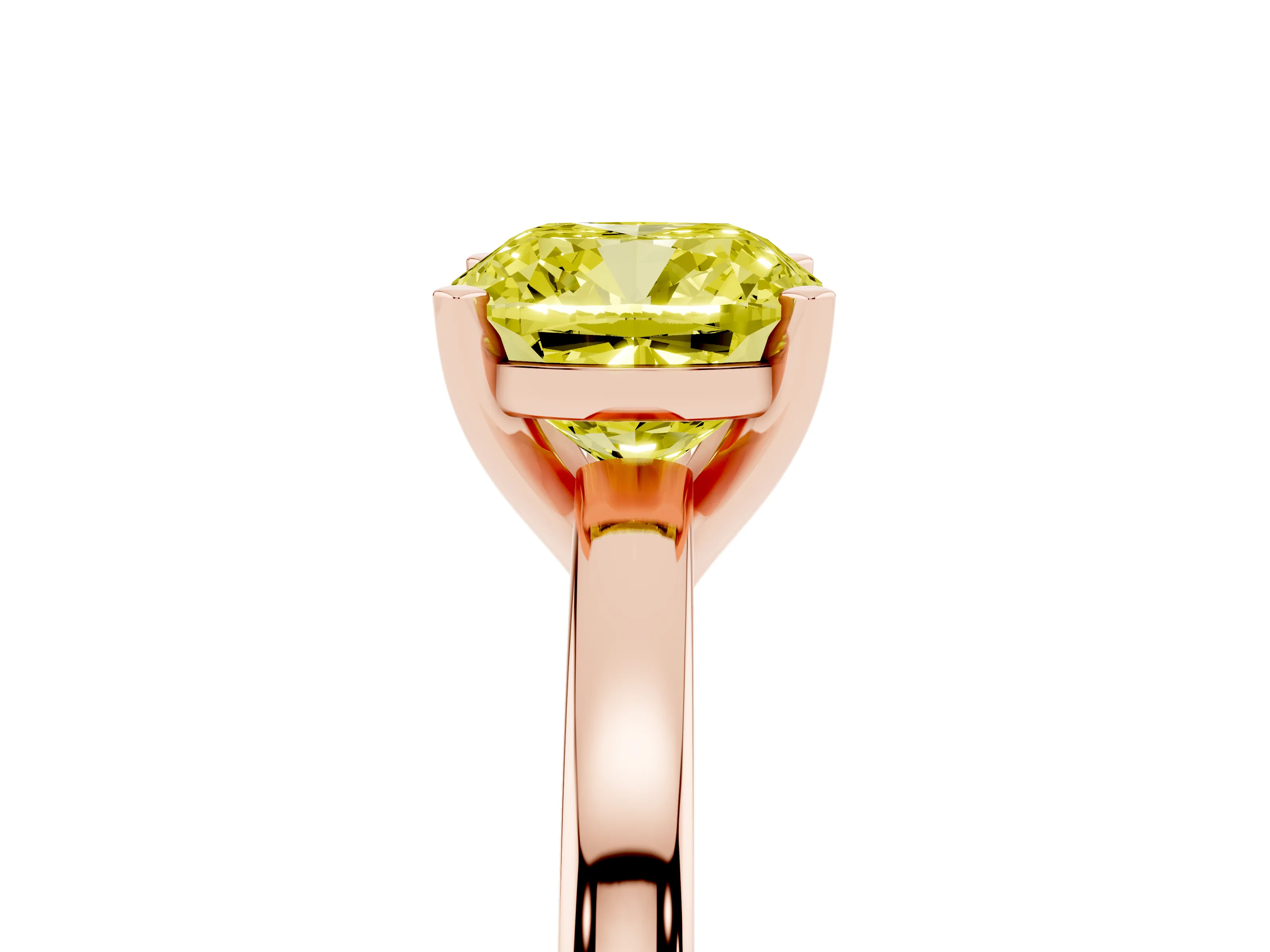 Fancy Yellow Cushion Cut Diamond Solitaire Engagement Ring Set in Rose gold with Prong Setting on a Classic Band