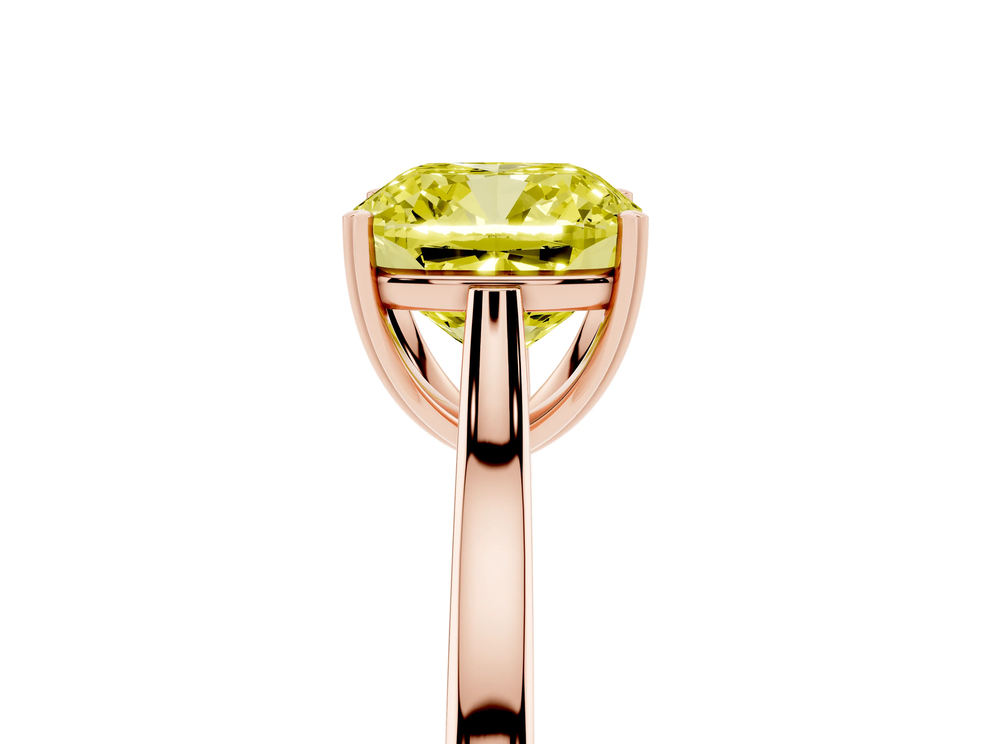 Fancy Yellow Cushion Cut Diamond Solitaire Heart Prong Engagement Ring Set in Rose gold with Tapered Band
