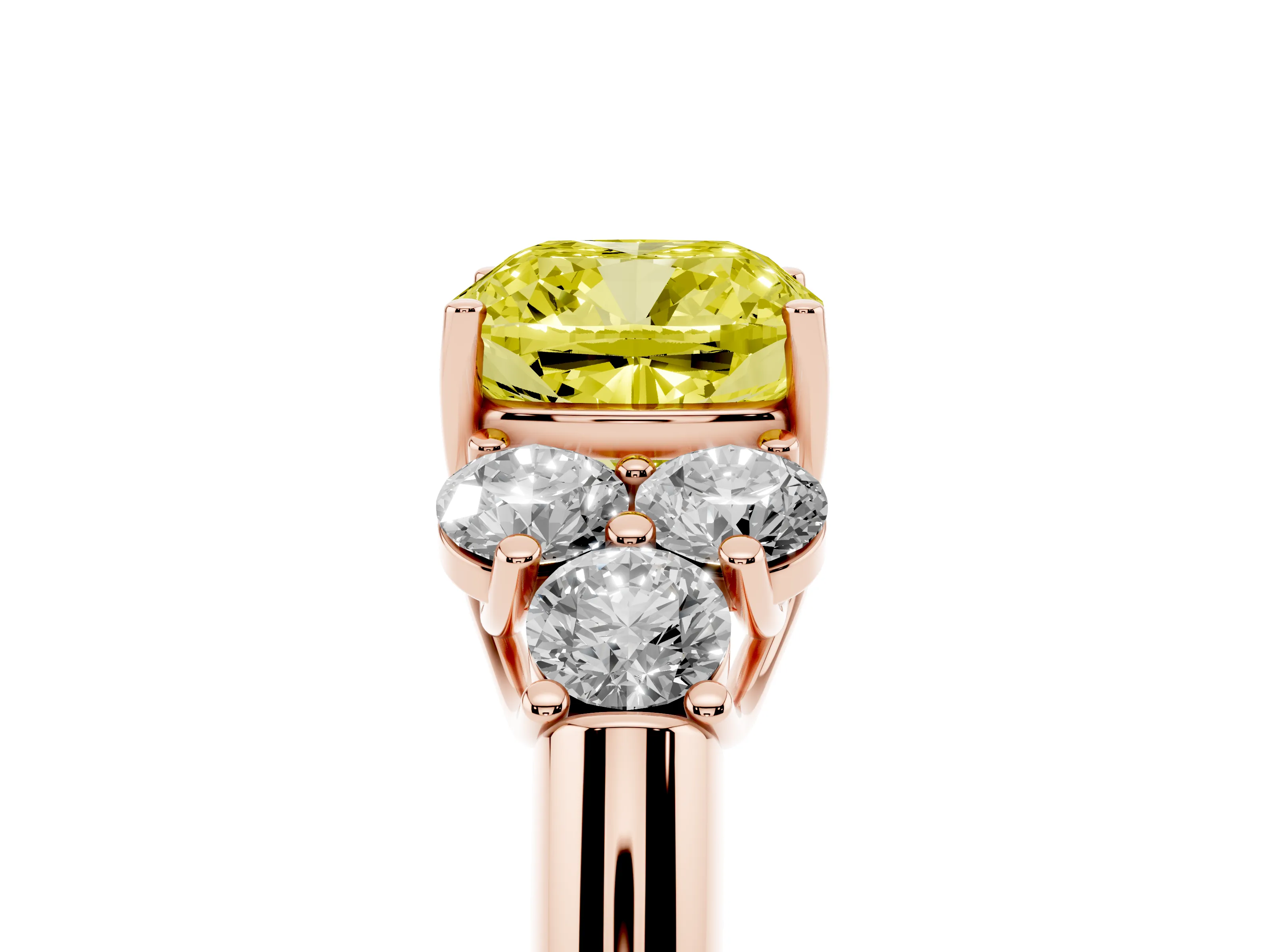 Fancy Yellow Cushion Cut Diamond Cluster Ring Set in Rose gold with Round Accent Stones and Prong Setting on a Plain Band