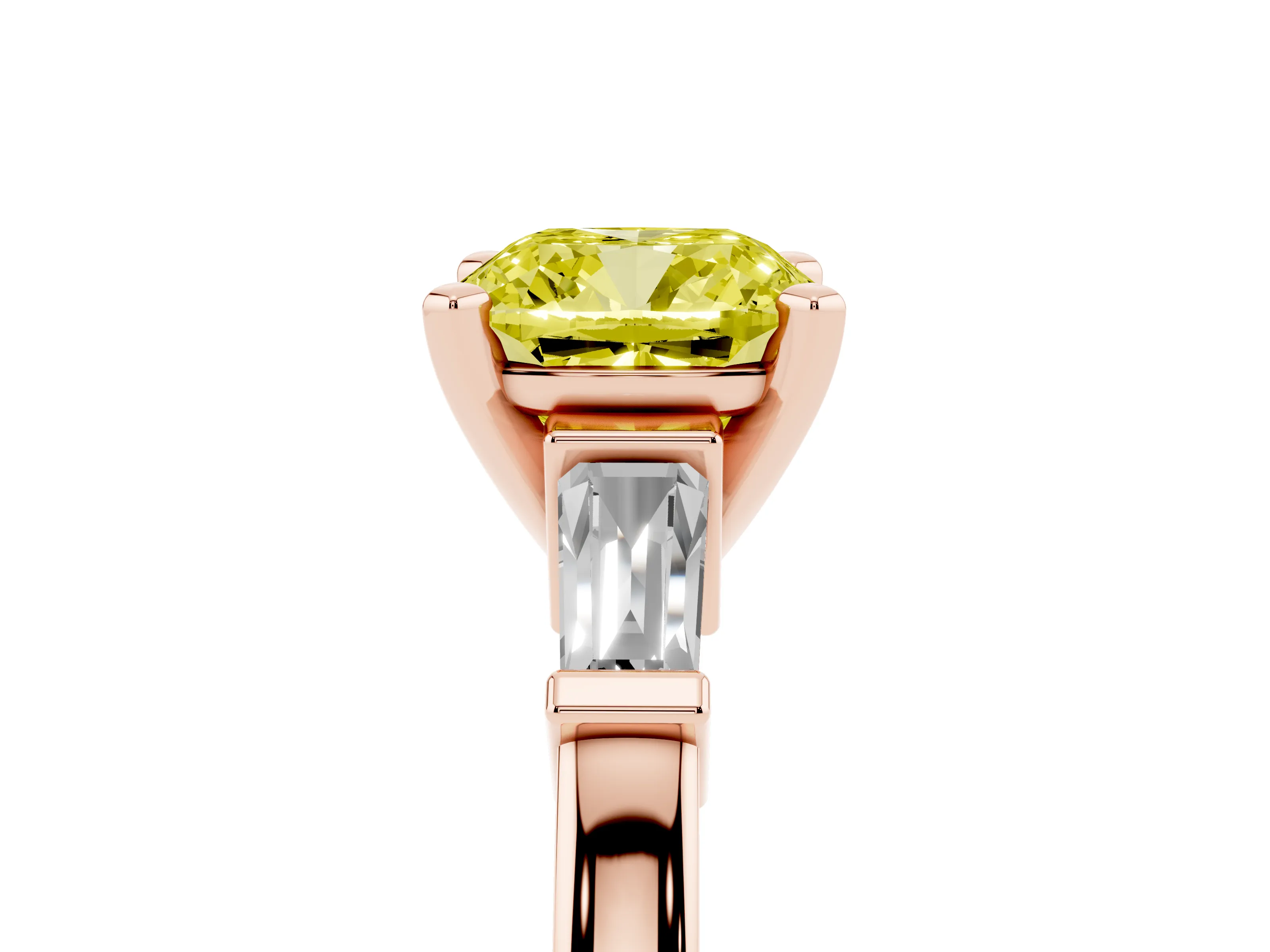 Fancy Yellow Cushion Cut Diamond Solitaire Ring Set in Rose gold with Tapered Baguette Accents and Prong Setting