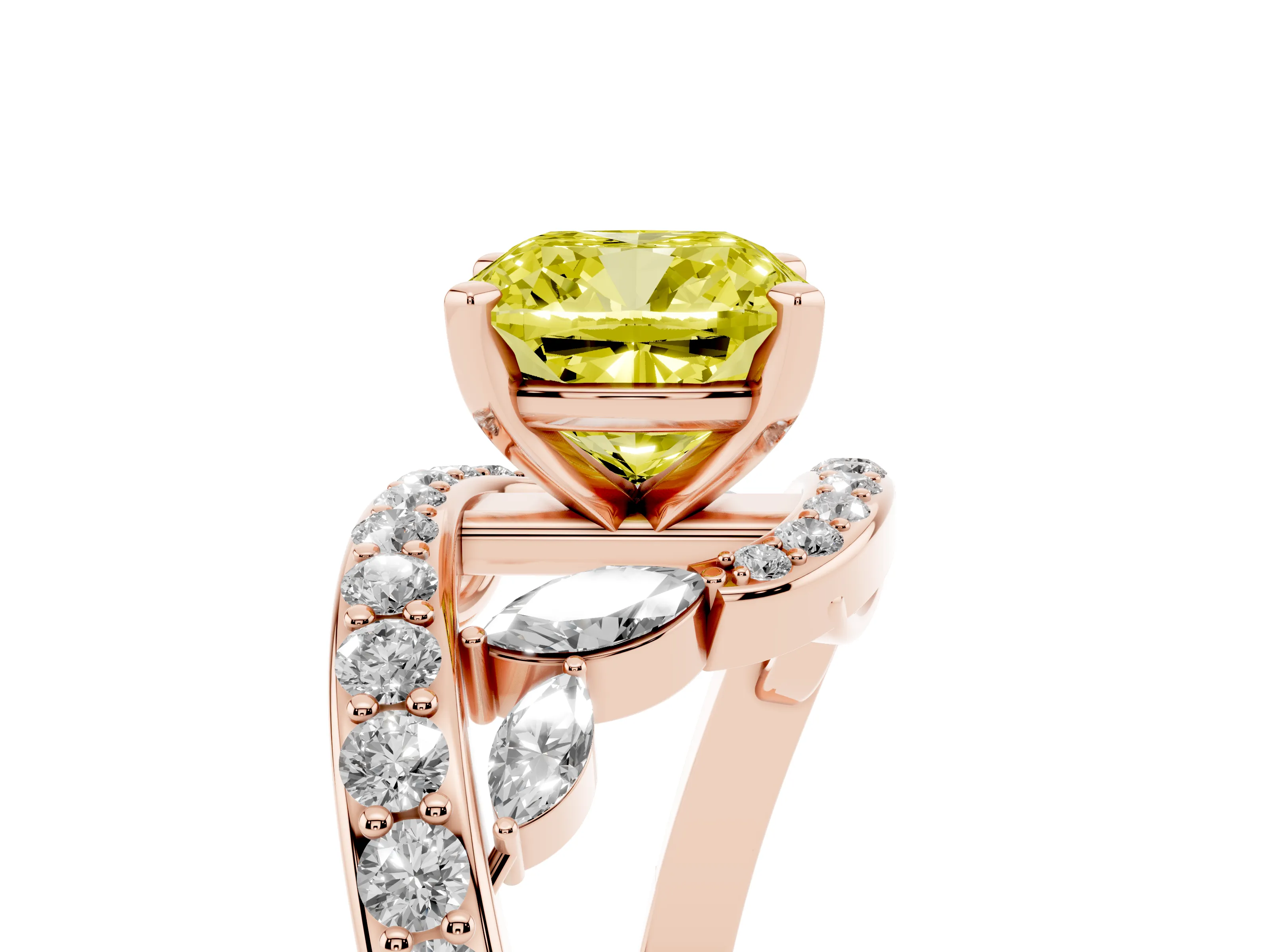 Fancy Yellow Cushion Cut Diamond Solitaire Ring Set in Rose gold with Filigree Band and Prong Setting