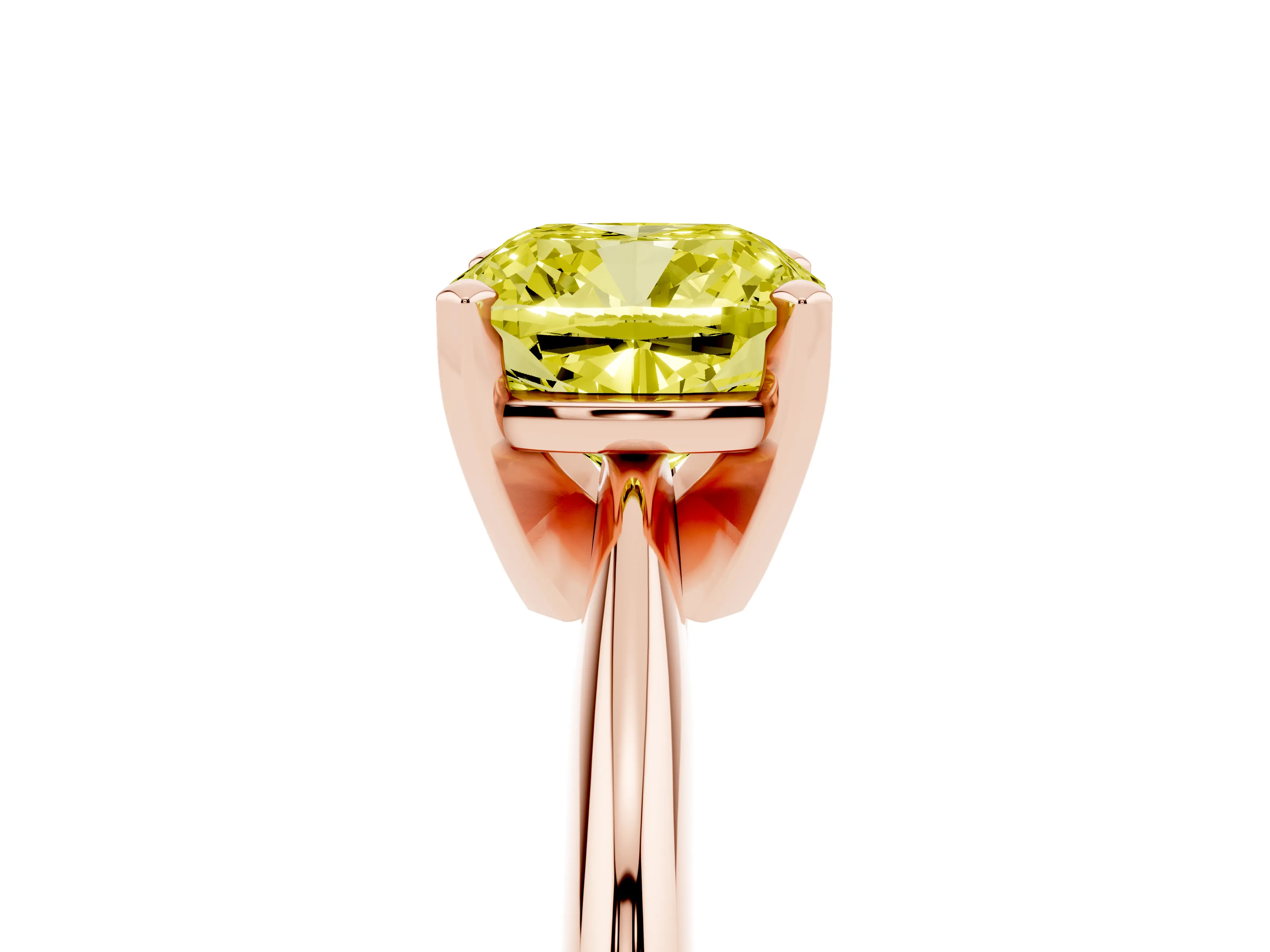 Fancy Yellow Cushion Cut Diamond Solitaire Ring Set in Rose gold with Prong Setting on a Plain Round Band
